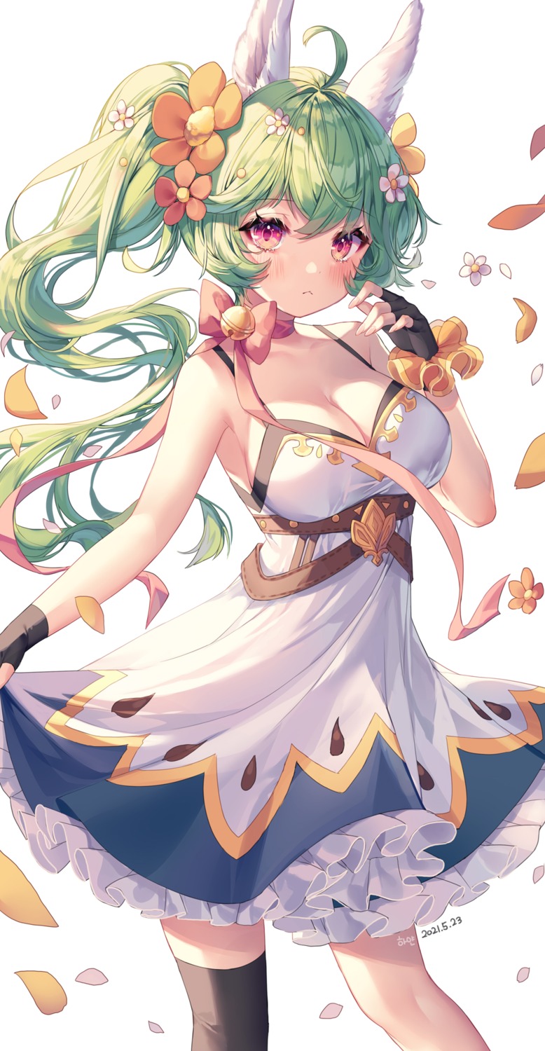 animal_ears, cleavage, dress, guardian_tales, mayreel, no_bra, shiro_albino, skirt_lift, thighhighs