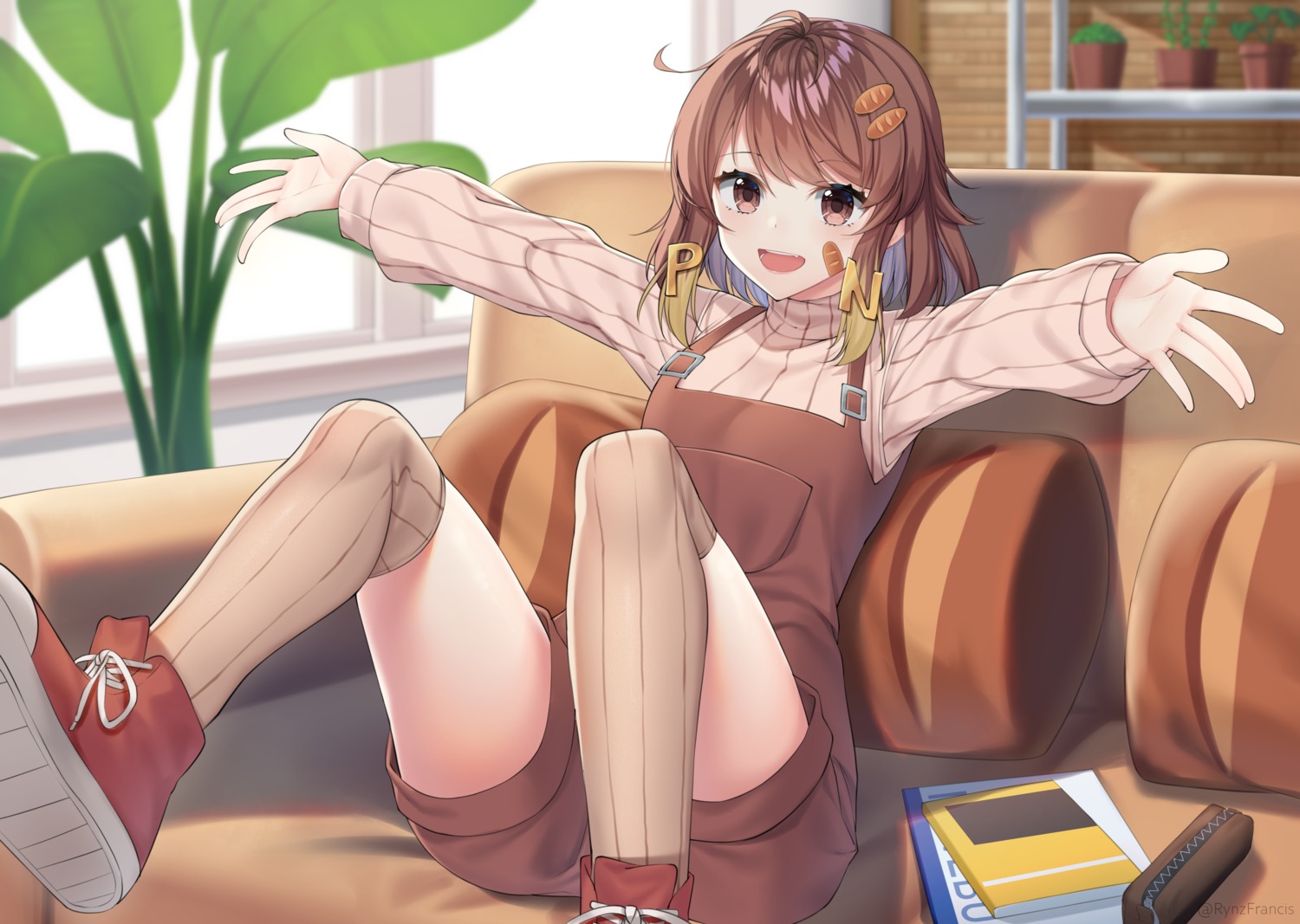 bandaid, overalls, pan_(vtuber), rynzfrancis, sweater, thighhighs