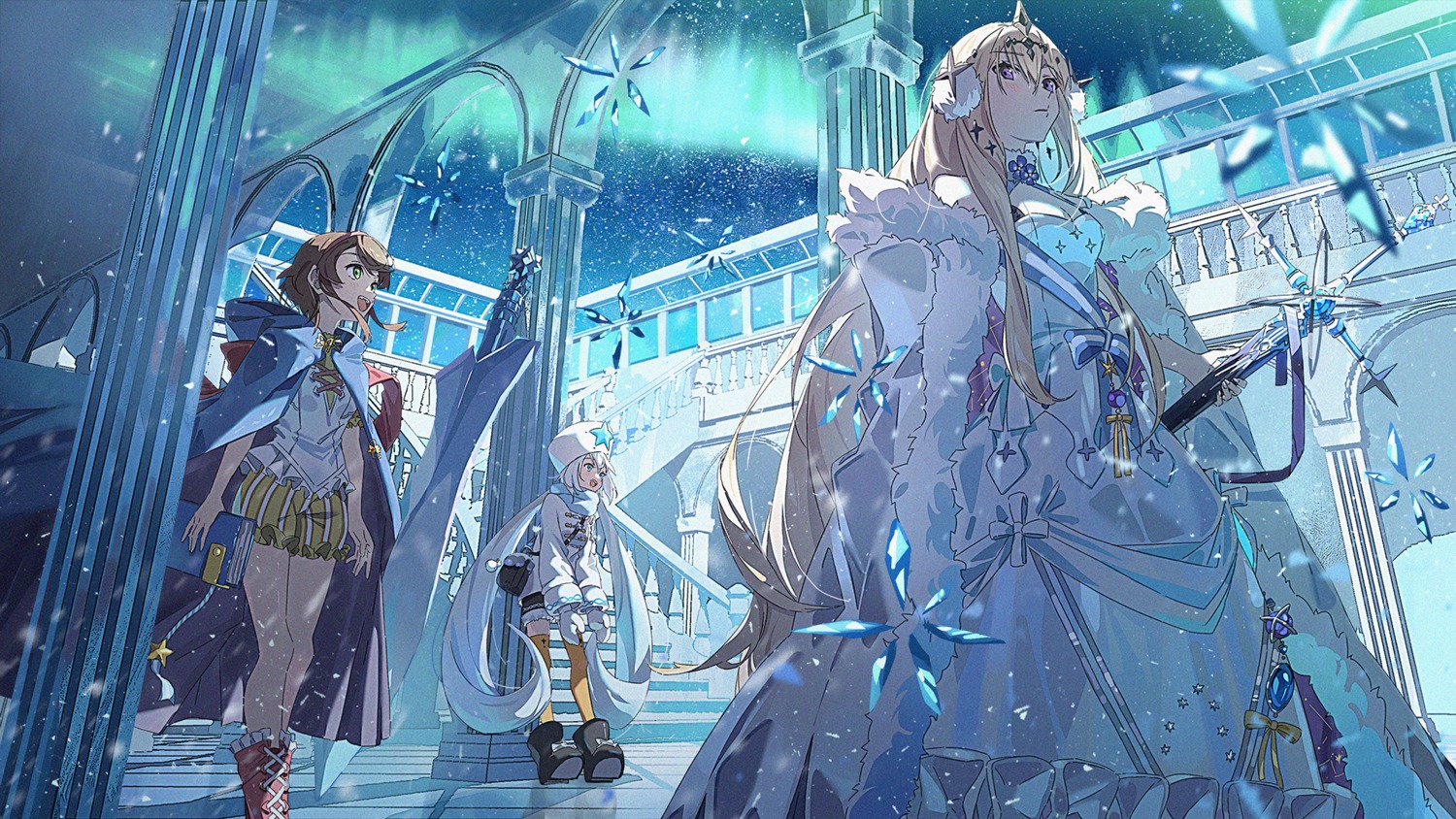 agas_(vpwt7475), alchemy_stars, bethlehem_(alchemy_stars), dress, louise_(alchemy_stars), noah_(alchemy_stars), thighhighs, wallpaper, weapon