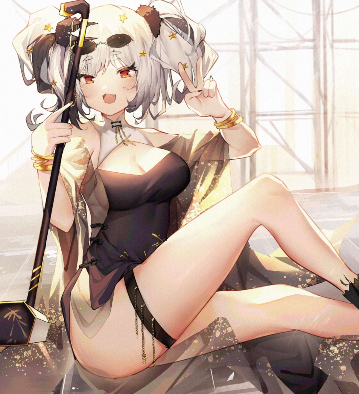 arknights, chinadress, cleavage, feater_(arknights), garter, megane, skirt_lift, xiongshouji