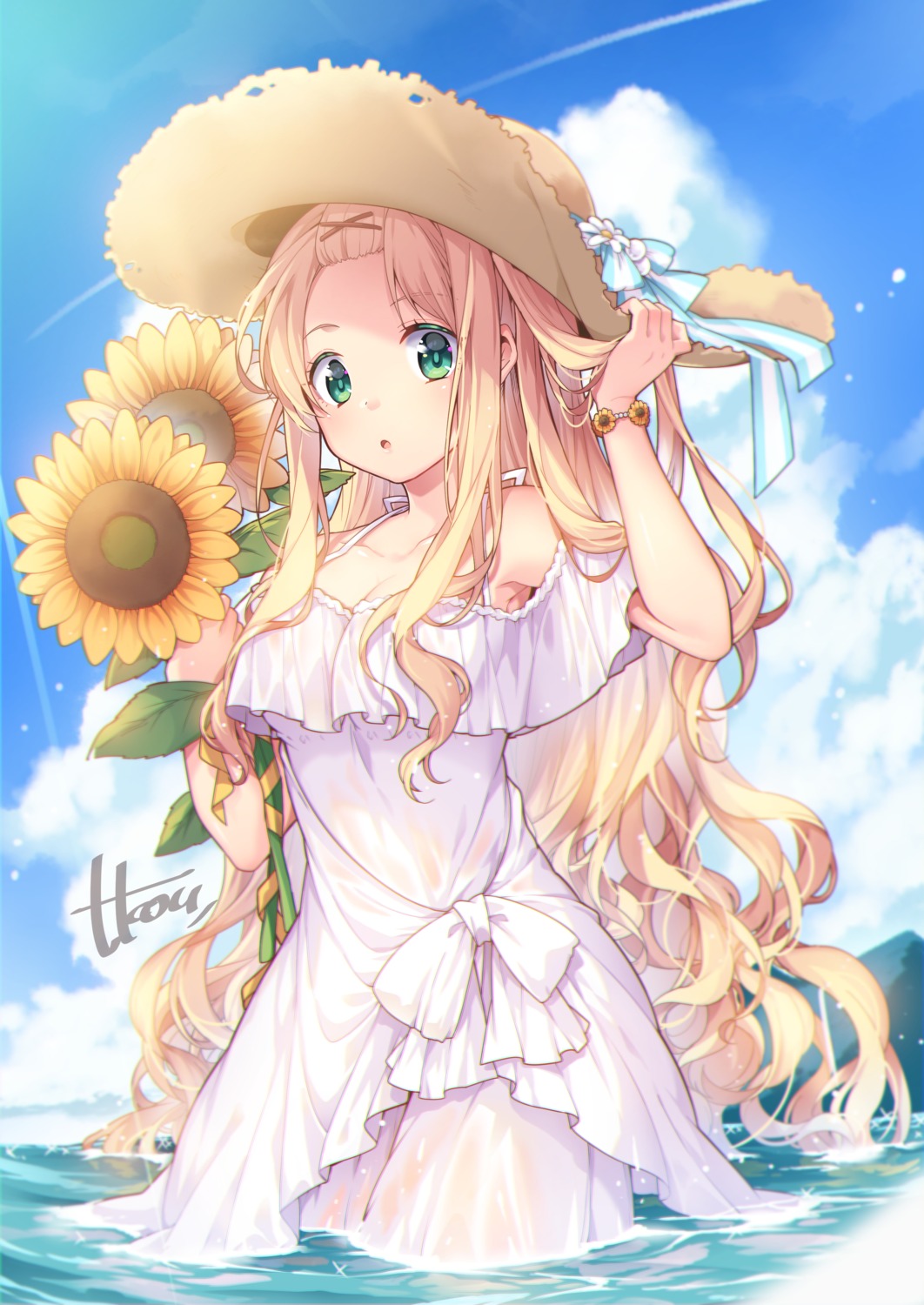 cleavage, dress, see_through, summer_dress, takase_kou, wet, wet_clothes