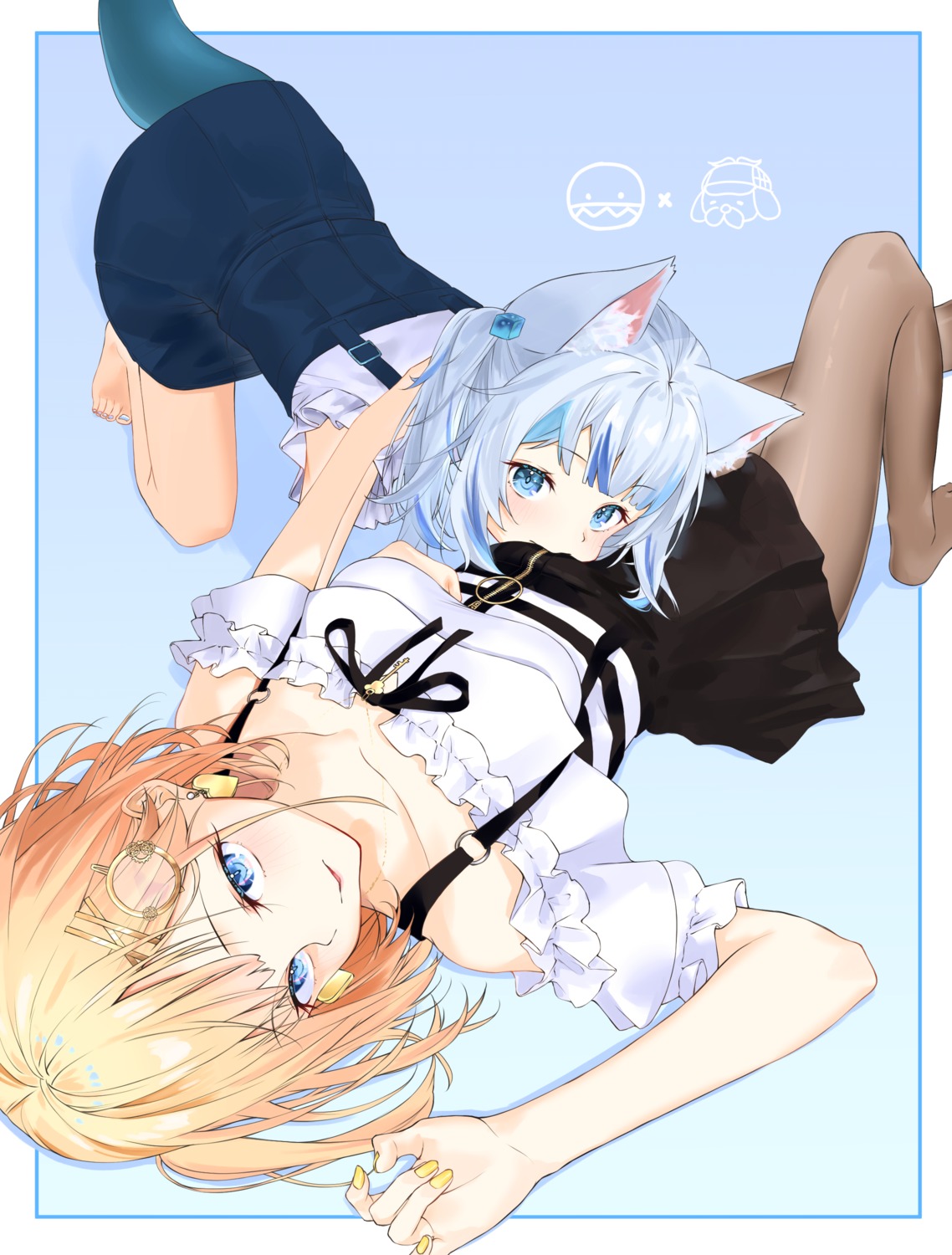 animal_ears, gawr_gura, hololive, hololive_english, kiaoekakishitai, nekomimi, pantyhose, skirt_lift, tail, watson_amelia, yuri