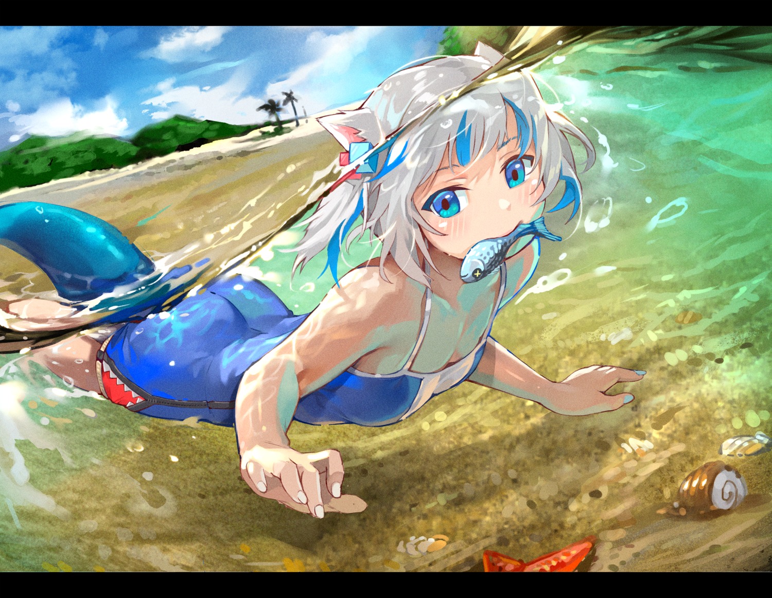 animal_ears, gawr_gura, hololive, hololive_english, nekomimi, swimsuits, tail, wet, yoshikawa_hiro