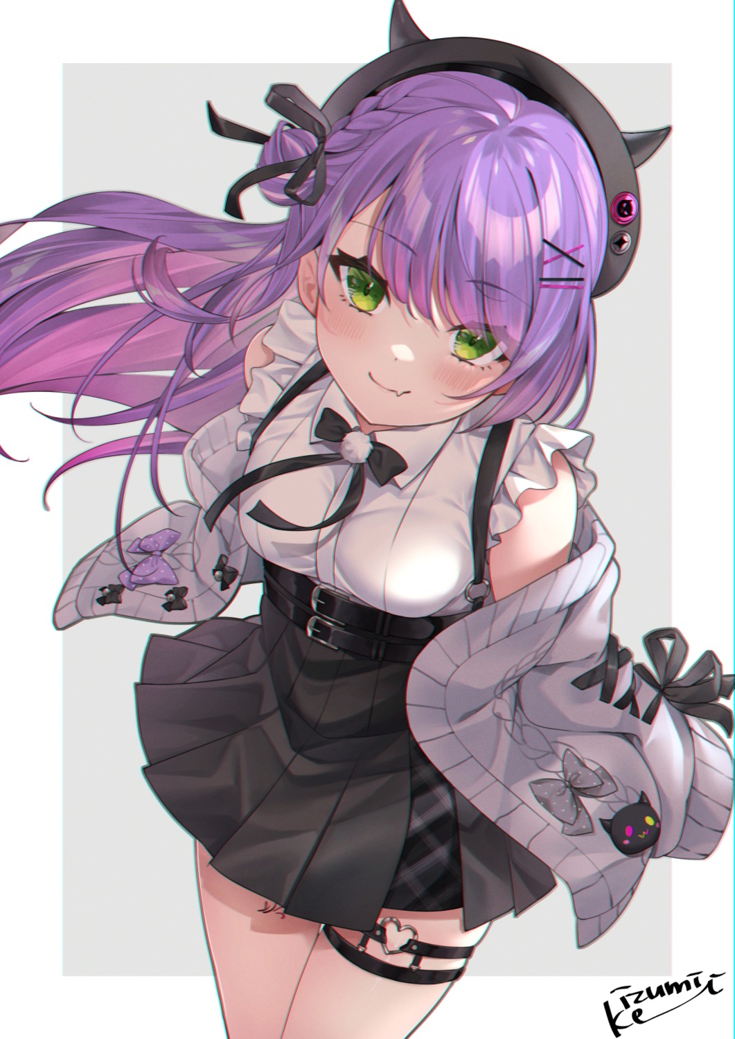 garter, hololive, izumi_kei, skirt_lift, sweater, tattoo, tokoyami_towa