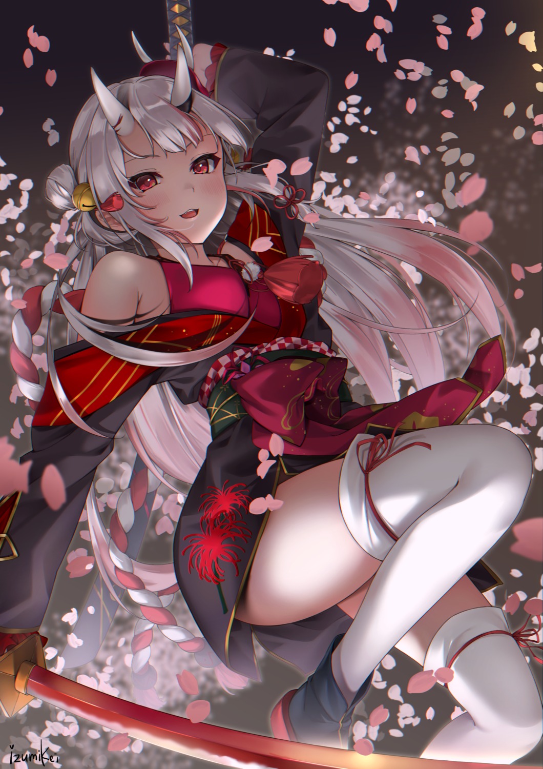 hololive, horns, izumi_kei, japanese_clothes, nakiri_ayame, sword, thighhighs
