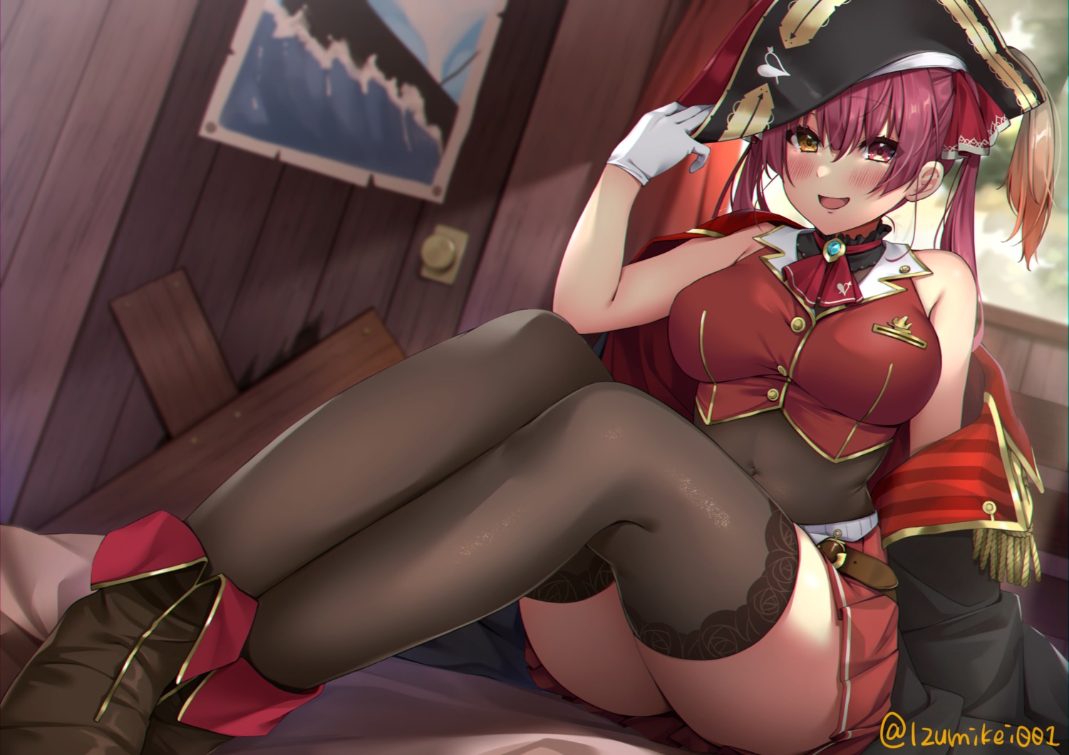 heterochromia, hololive, houshou_marine, izumi_kei, pirate, skirt_lift, thighhighs