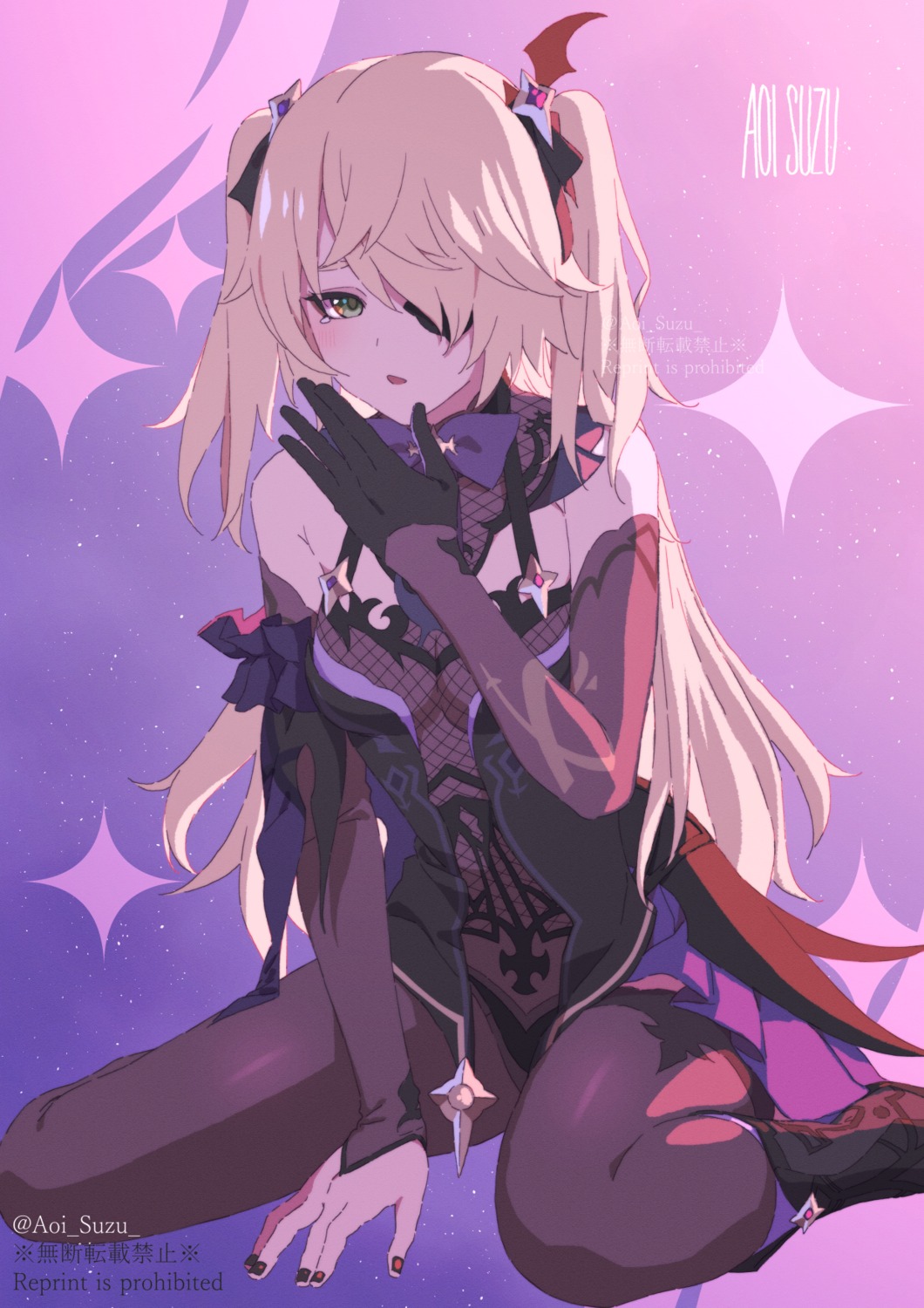 aoi_suzu, eyepatch, fischl, fishnets, genshin_impact, leotard, no_bra, stockings