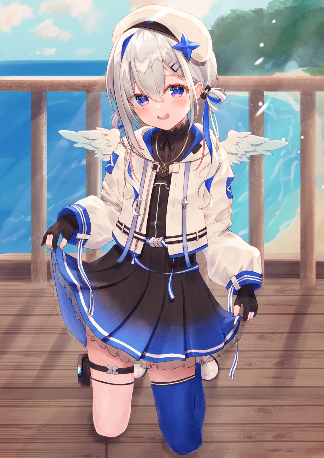 amane_kanata, fue_(lars0713), garter, hololive, see_through, seifuku, skirt_lift, thighhighs, wings