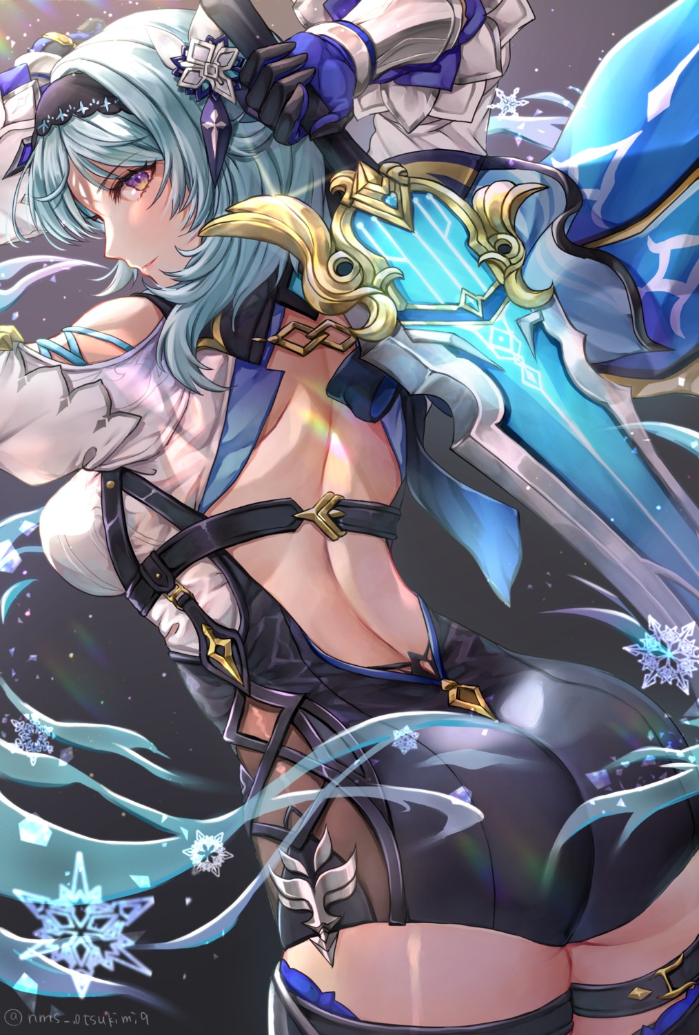 ass, eula, garter, genshin_impact, no_bra, sword, tamaso, thighhighs