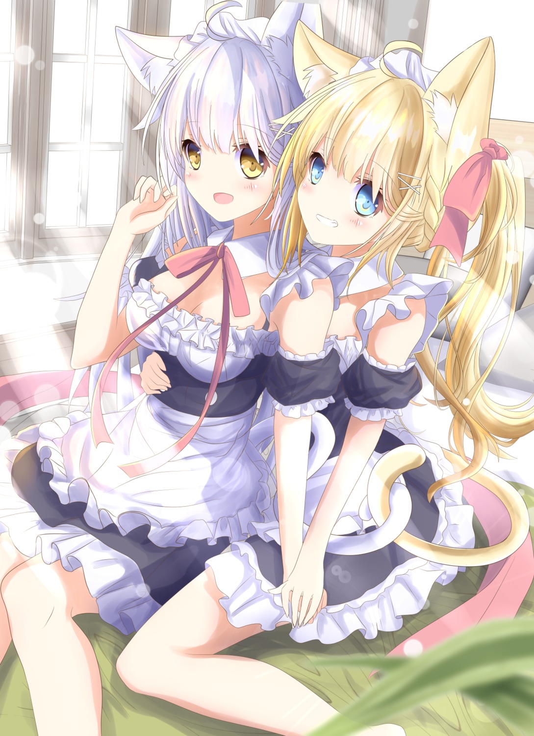 animal_ears, aruka_(alka_p1), cleavage, maid, nekomimi, tail, yuri