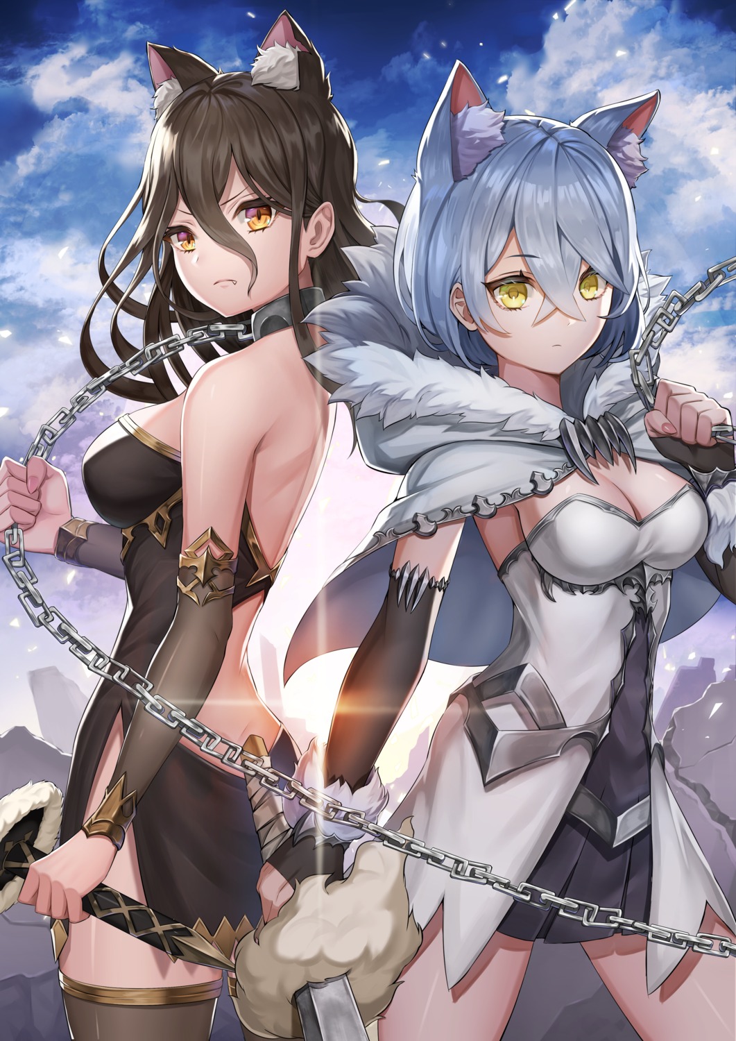 animal_ears, dress, ebinomi, nekomimi, no_bra, thighhighs, weapon