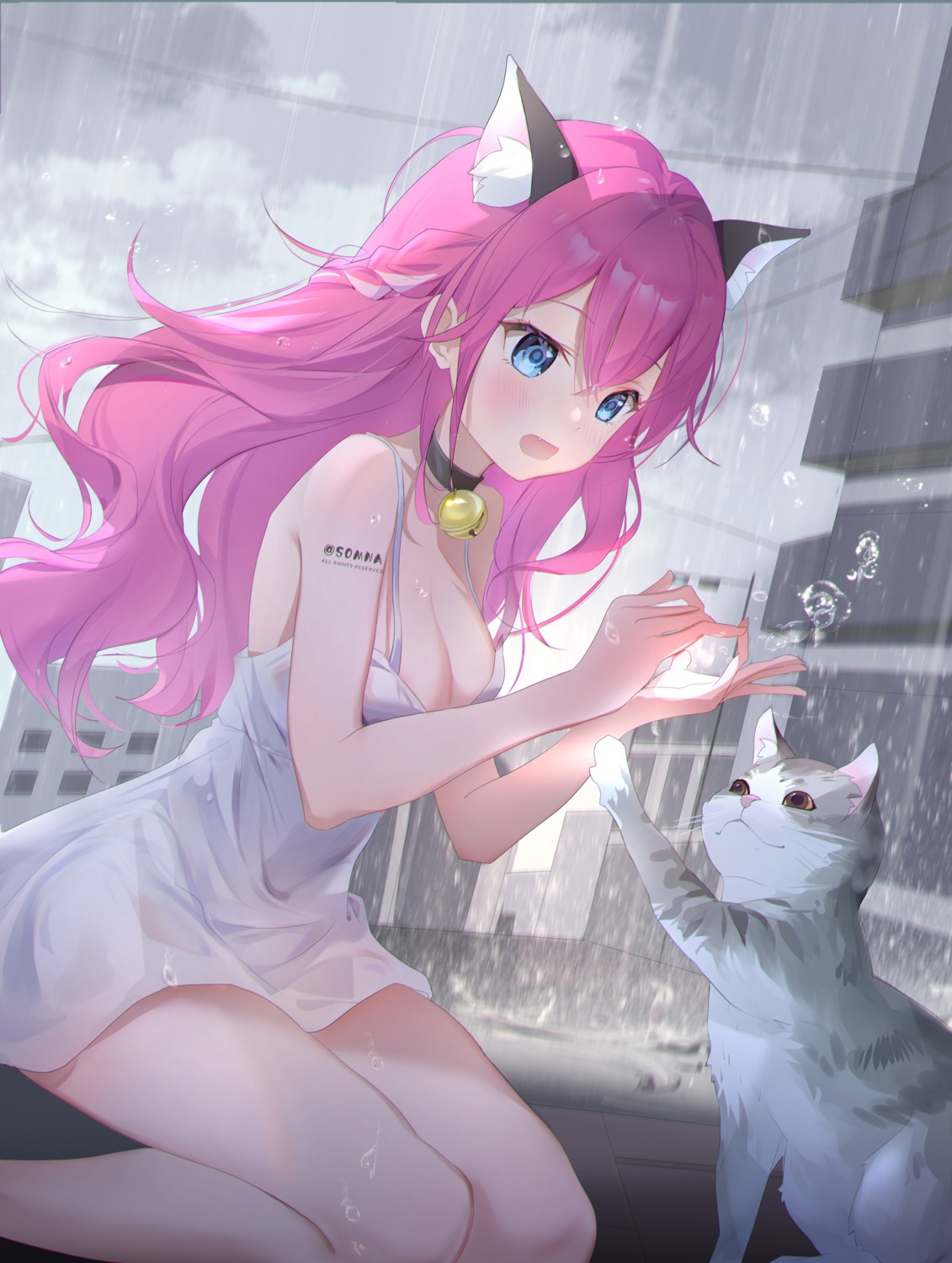 animal_ears, dress, neko, nekomimi, no_bra, see_through, somna, summer_dress