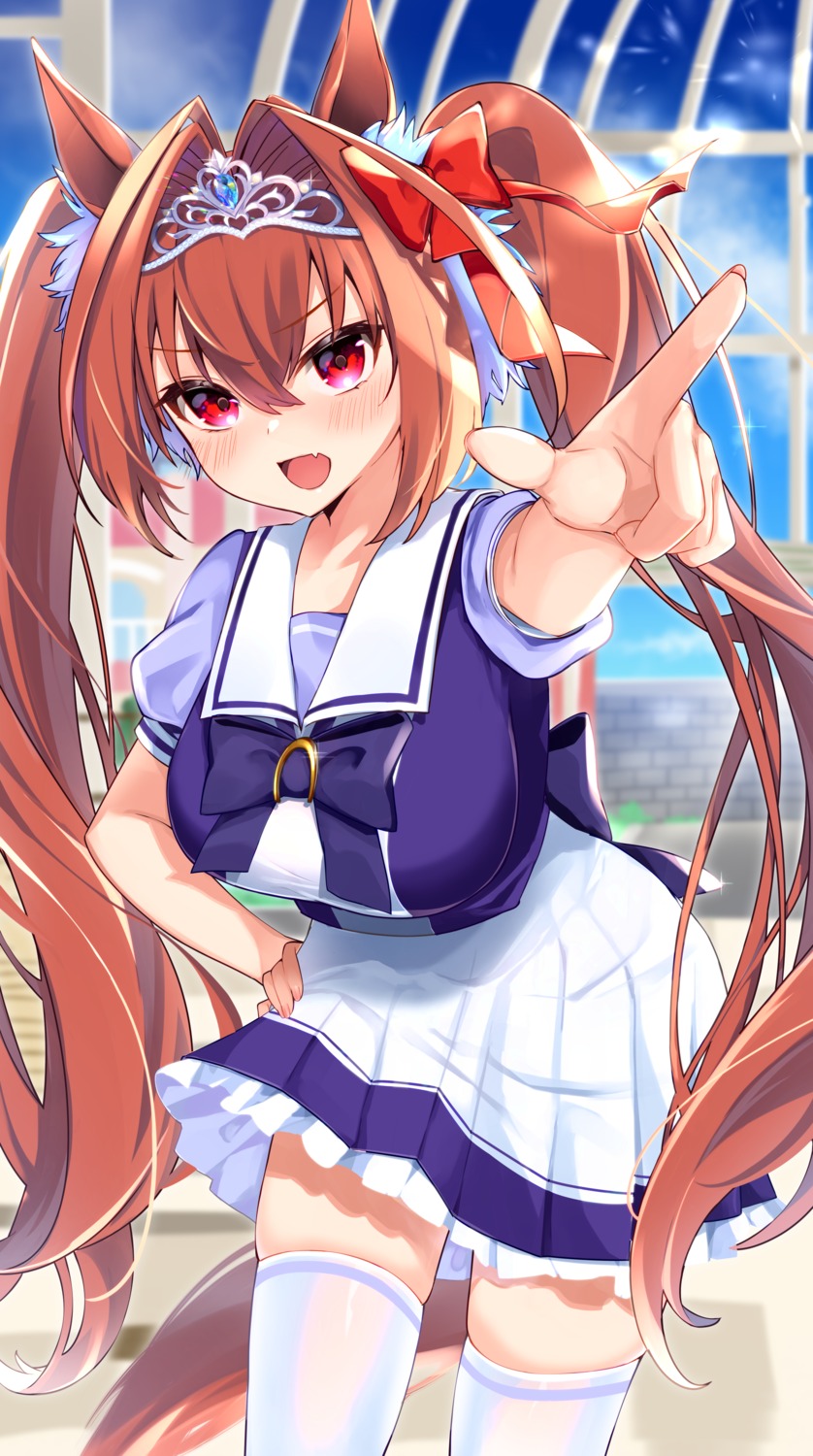 animal_ears, daiwa_scarlet_(umamusume), seifuku, shiro_hebi_rei, skirt_lift, tail, thighhighs, uma_musume_pretty_derby
