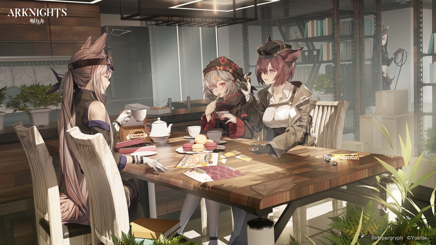 animal_ears, arknights, cardigan_(arknights), dobermann_(arknights), dress_shirt, dur-nar_(arknights), eyepatch, miya-ki_(miya_key)