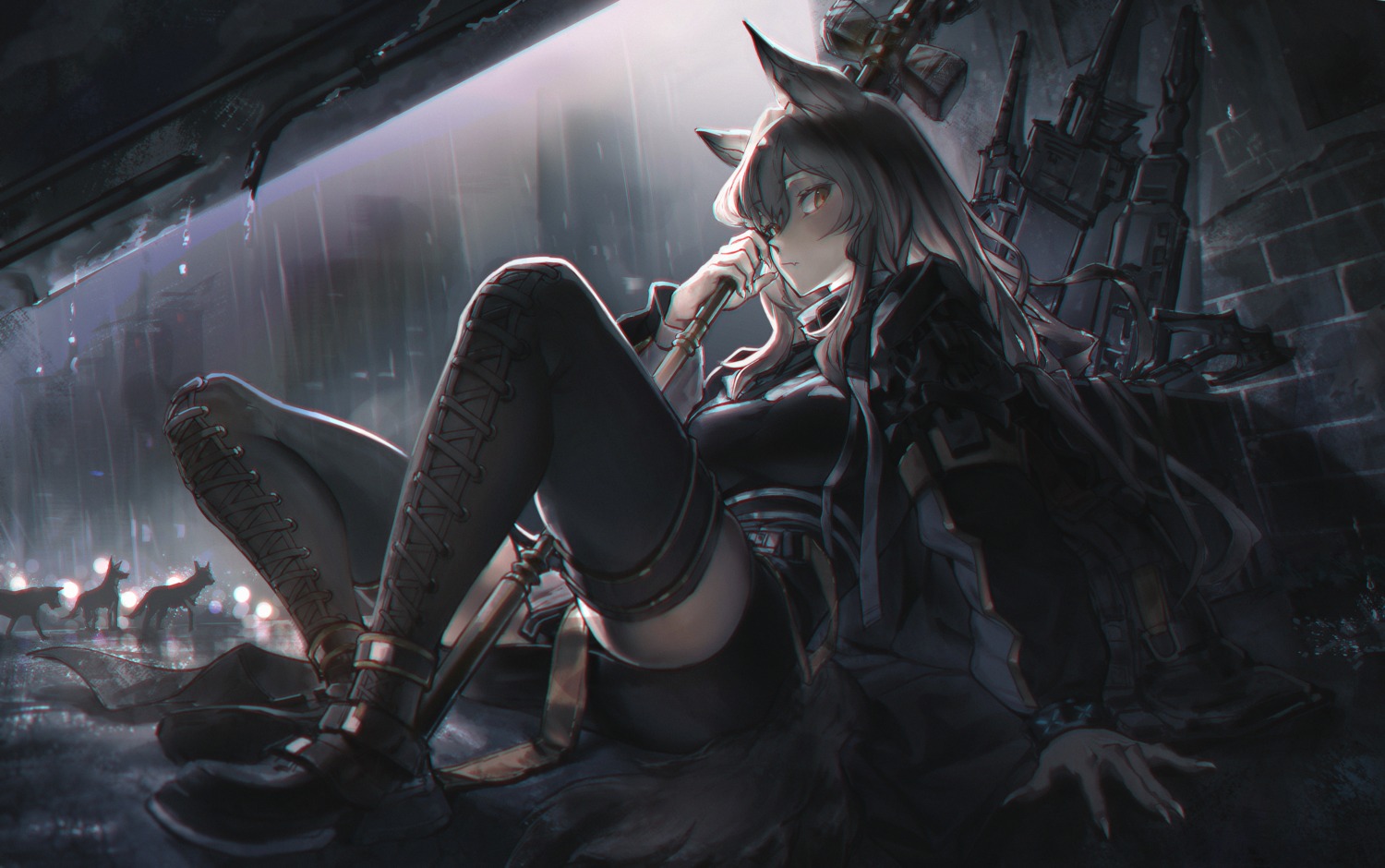 animal_ears, arknights, ceobe_(arknights), gaanc_23_(tomosuge), tail, thighhighs, weapon