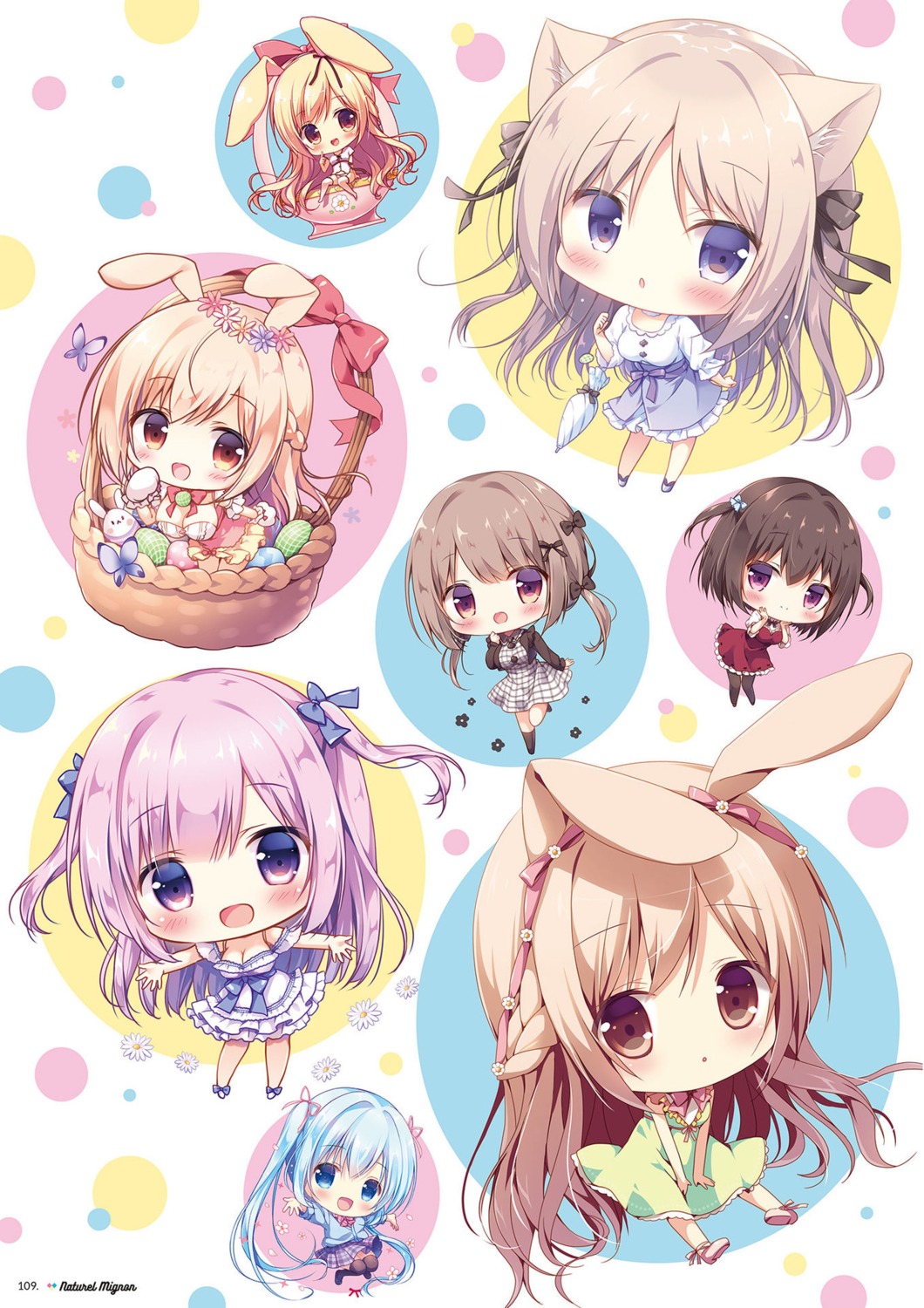 animal_ears, bunny_ears, chibi, cleavage, dress, mana_(canvas+garden), marin_(canvas+garden), miyasaka_naco, neru_(canvas+garden), sayaka_(canvas+garden), seifuku, summer_dress, thighhighs, umbrella