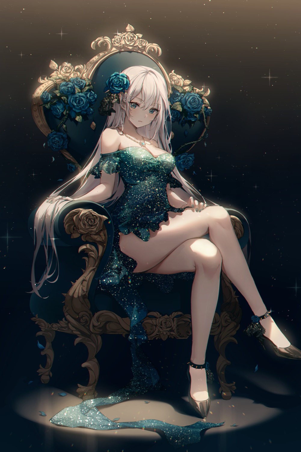 cleavage, dress, heels, no_bra, pointy_ears, skirt_lift, ttosom