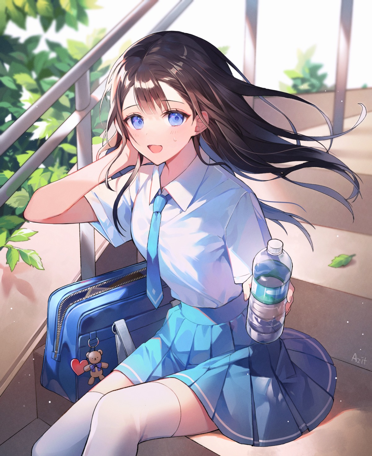 azit_(down), seifuku, skirt_lift, thighhighs