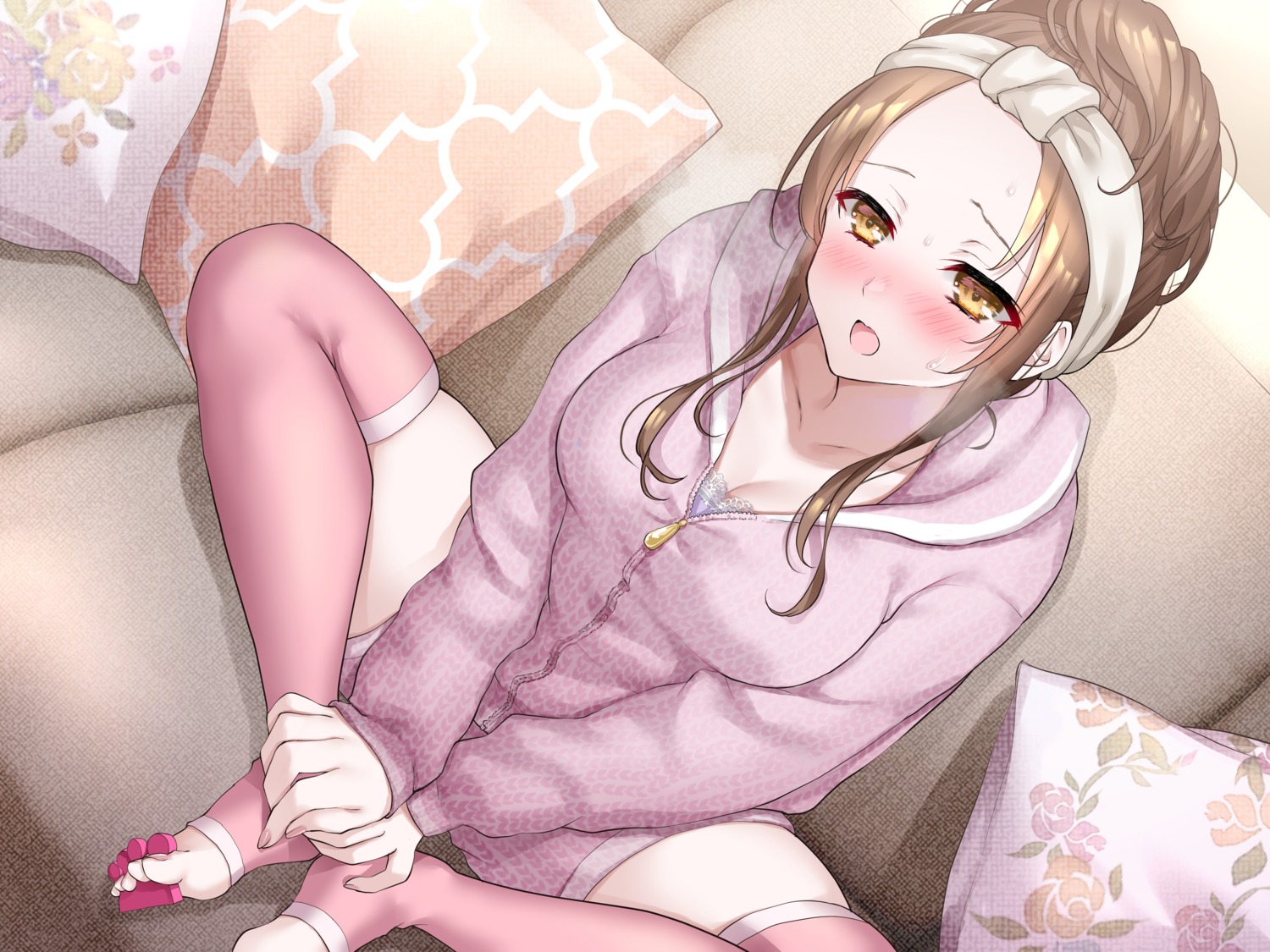 abe_hikaru, cleavage, pajama, thighhighs