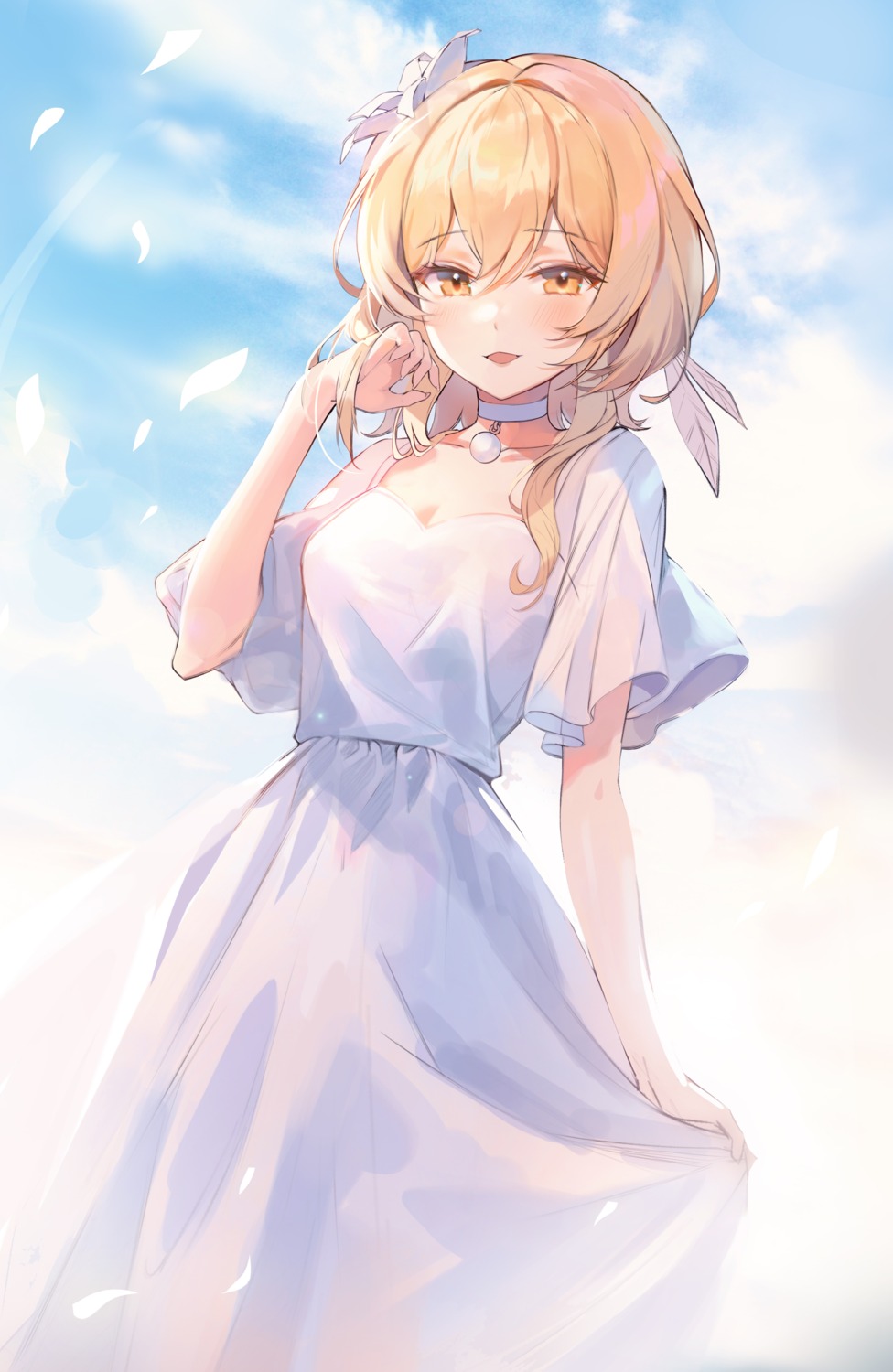cleavage, genshin_impact, harusame_(user_wawj5773), lumine, skirt_lift