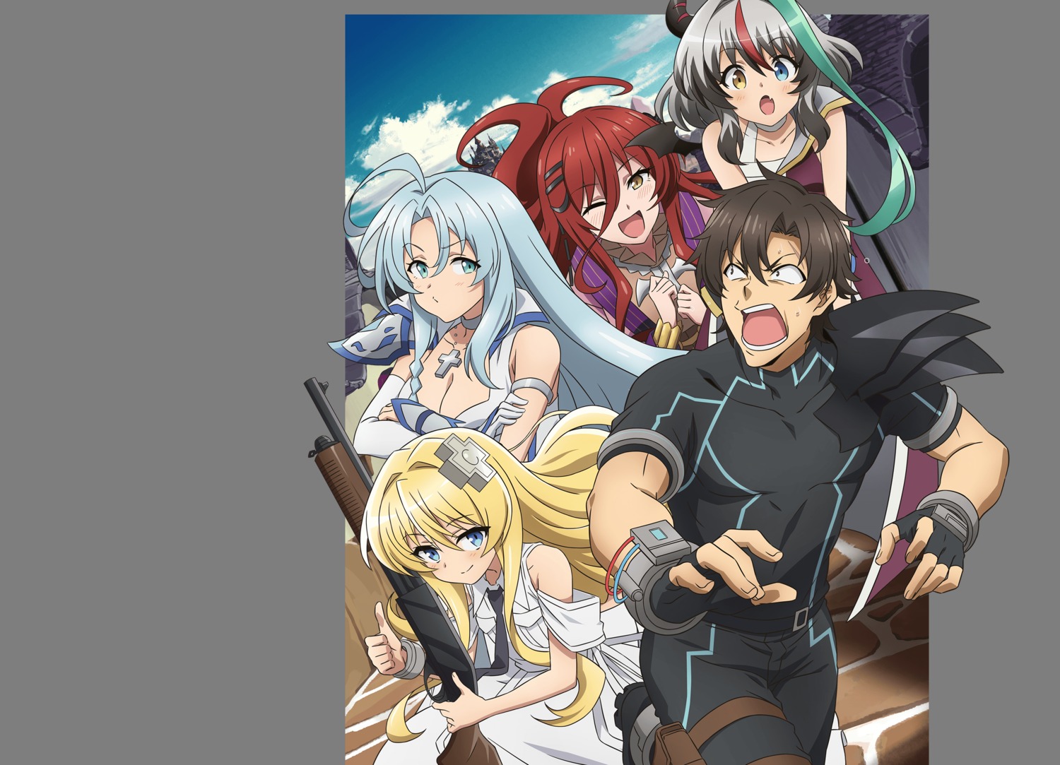 combat_agent_6, garter, grimm_(sentouin_hakenshimasu!), gun, heterochromia, horns, kisaragi_alice_(sentouin_hakenshimasu!), no_bra