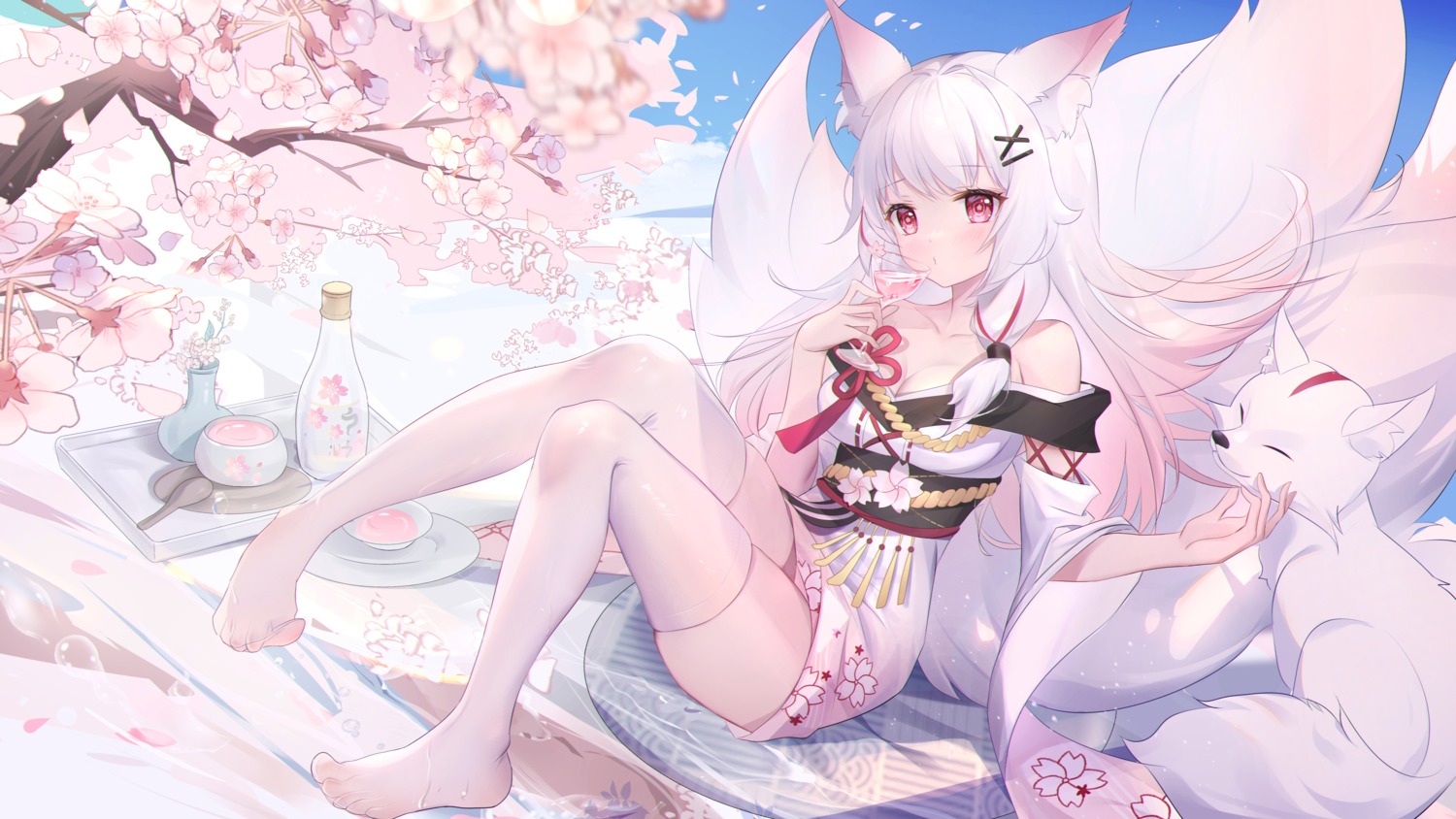 animal_ears, cleavage, feet, japanese_clothes, kitsune, no_bra, skirt_lift, somna, tail, thighhighs