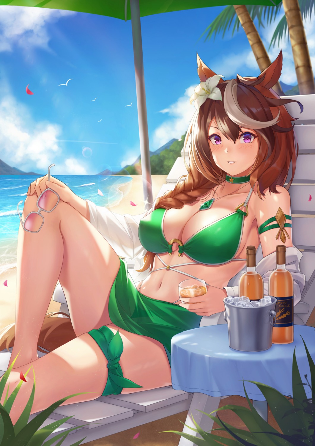 animal_ears, bikini, megane, open_shirt, skirt_lift, swimsuits, symboli_rudolf_(umamusume), tail