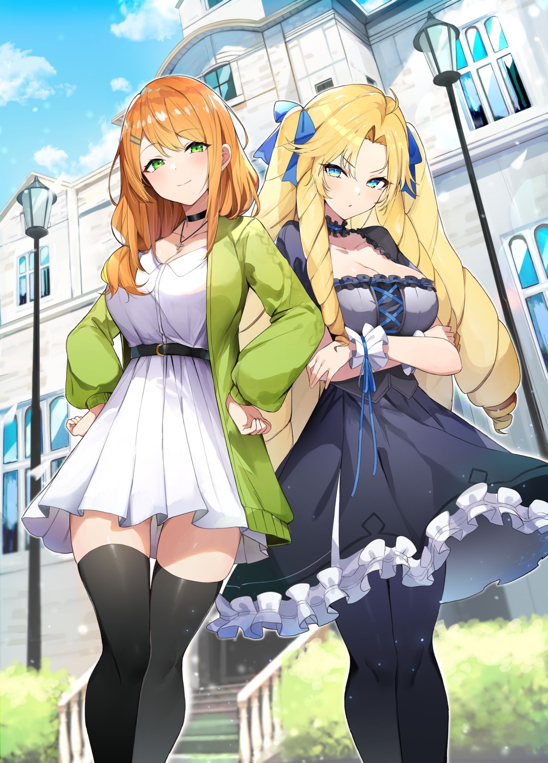 breast_hold, clarice_fia_atlee, cleavage, deirdre_fou_roseblade, dress, gothic_lolita, lolita_fashion, mengda, otome_gee_sekai_wa_mob_ni_kibishii_sekai_desu, pantyhose, skirt_lift, sweater, thighhighs