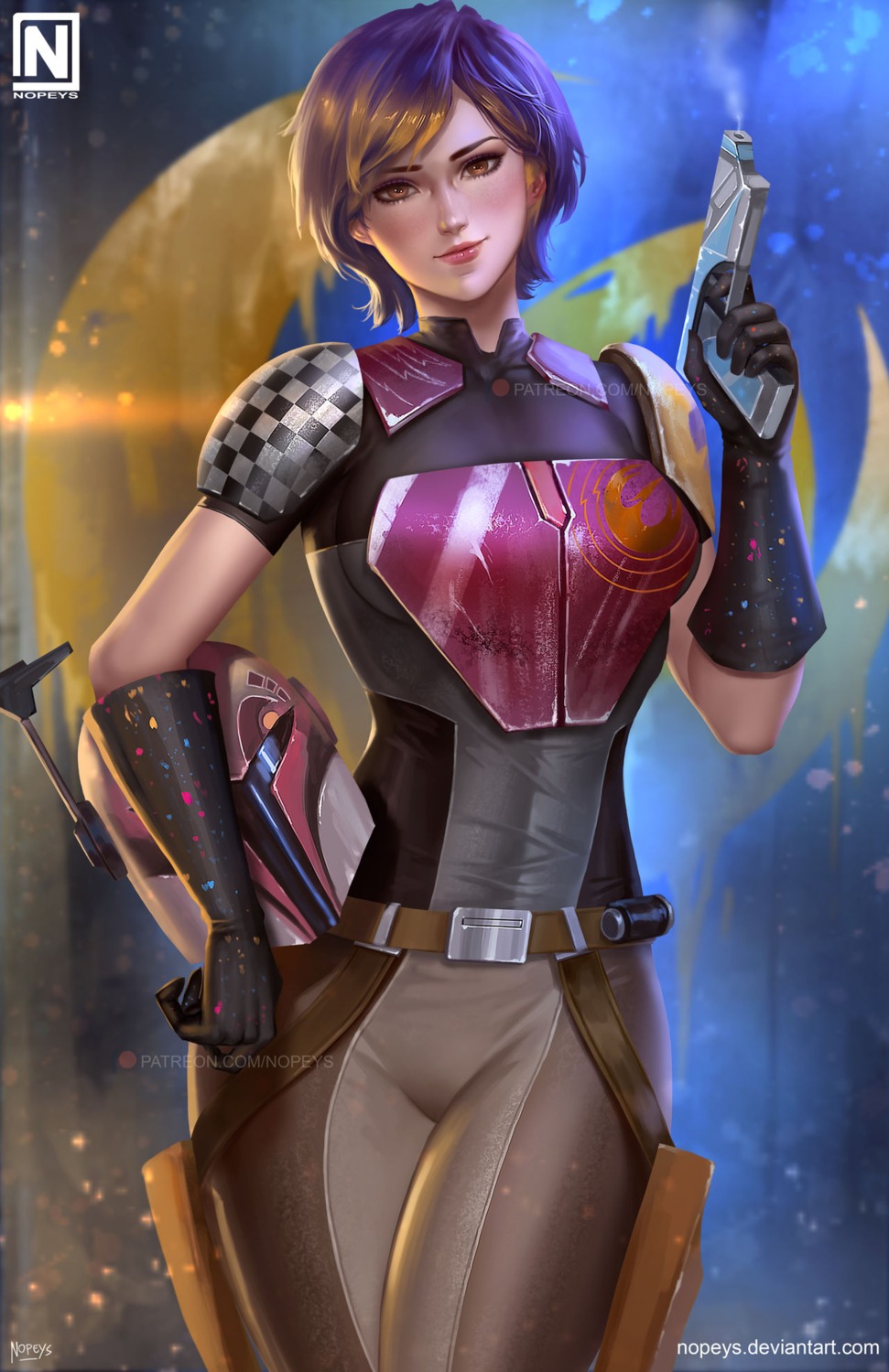 armor, bodysuit, gun, nopeys, sabine_wren, star_wars
