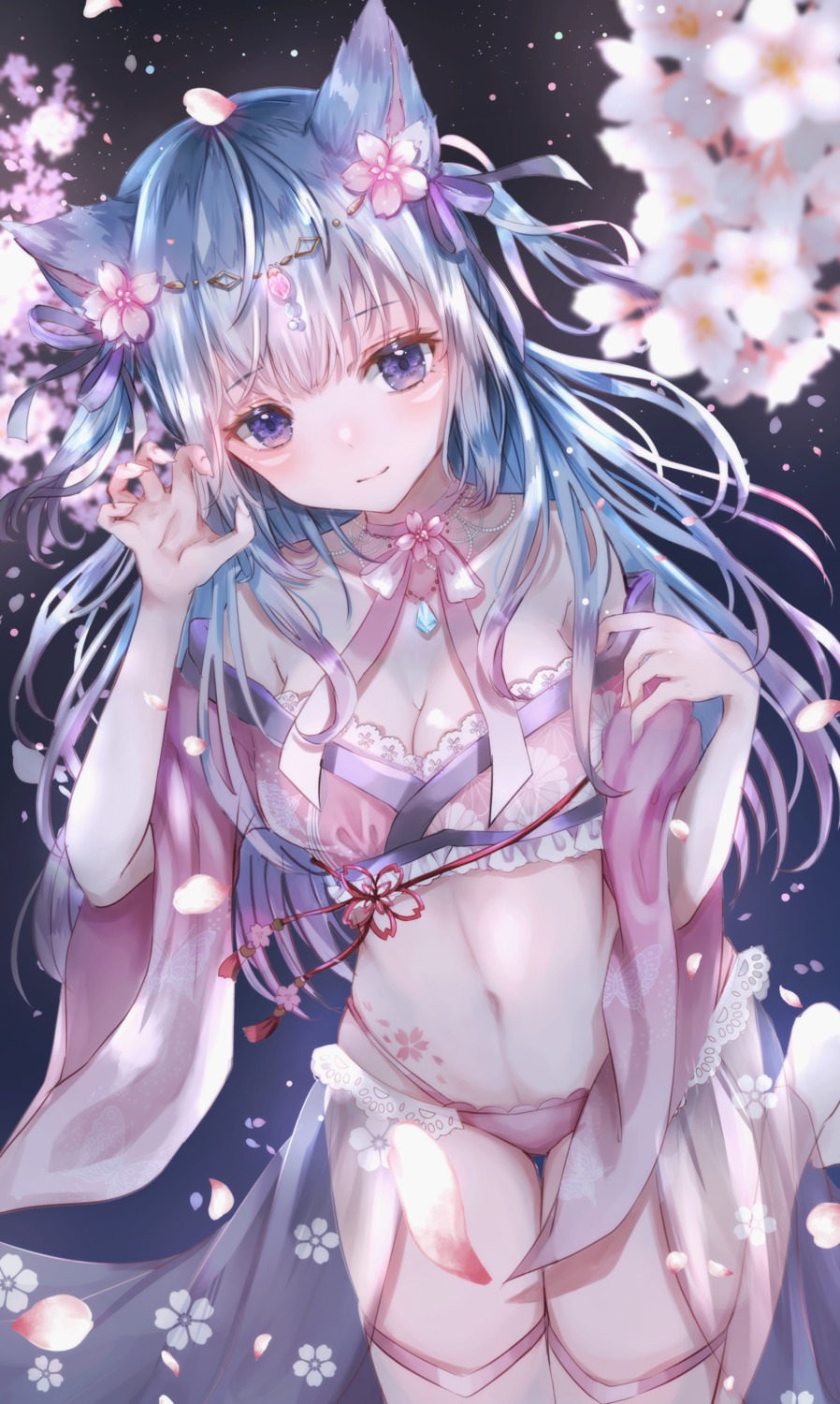 animal_ears, garter, japanese_clothes, nekomimi, no_bra, pantsu, sakura_mochiko, see_through, tattoo