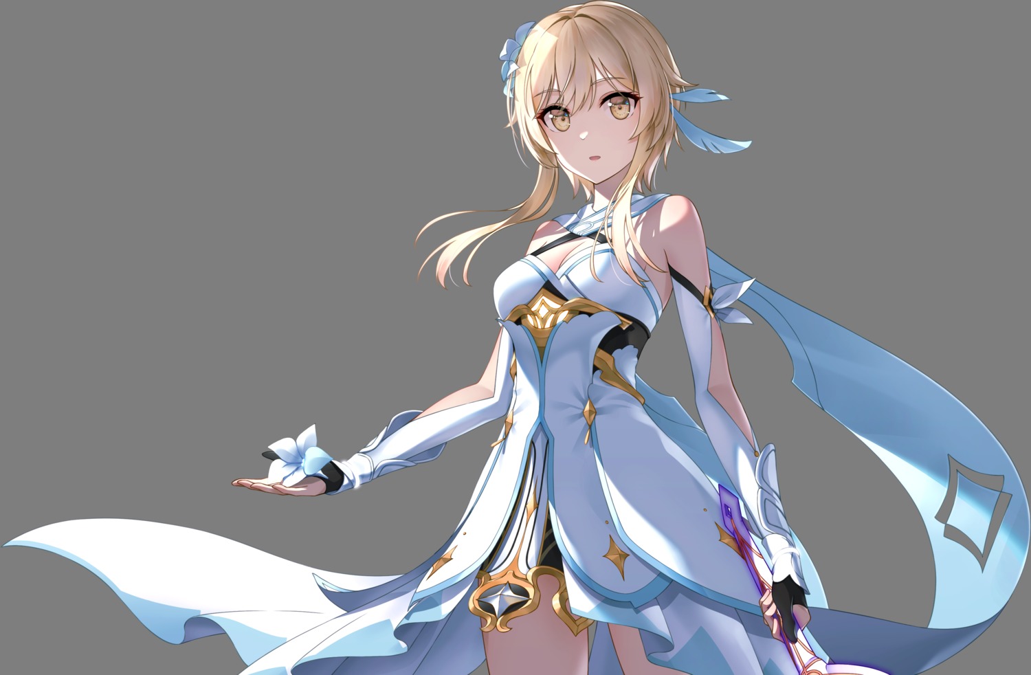 cleavage, dress, genshin_impact, lumine, no_bra, rankebu, skirt_lift
