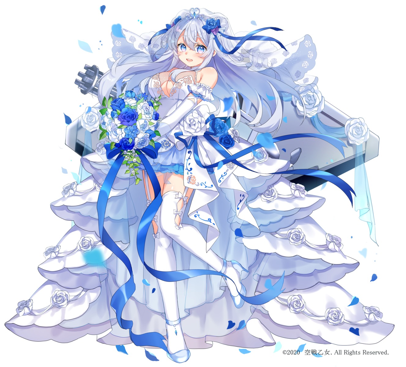 cleavage, dress, gun, heels, kuusen_otome_-sky_valkyries-, no_bra, stockings, tagme, thighhighs, wedding_dress