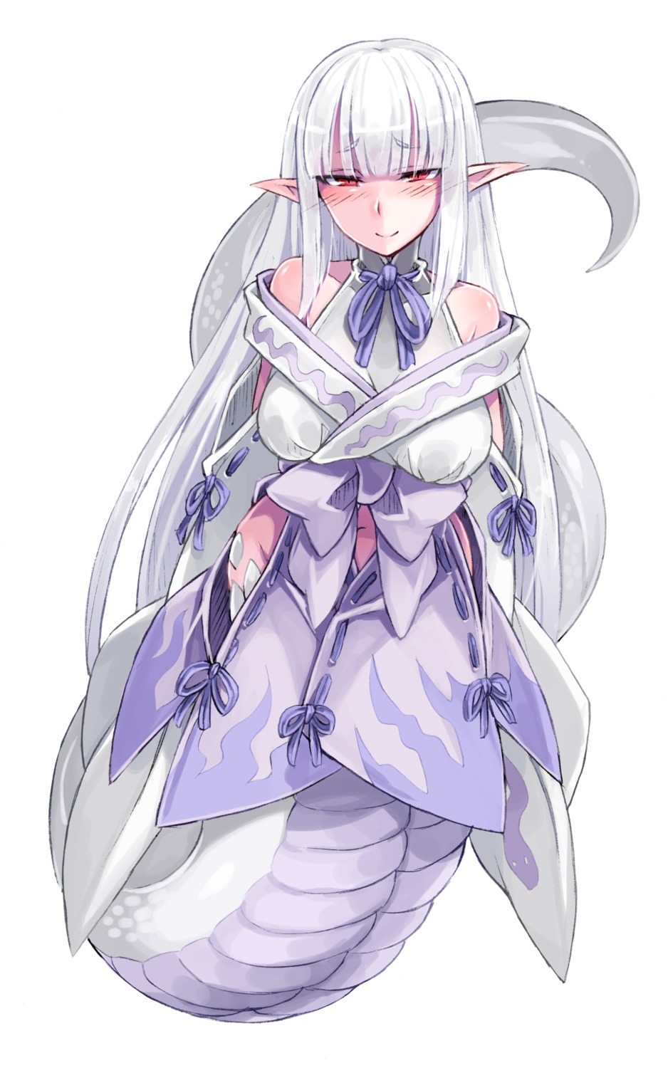 japanese_clothes, kenkou_cross, monster_girl, monster_girl_encyclopedia, pointy_ears, shirohebi_(monster_girl_encyclopedia), tail