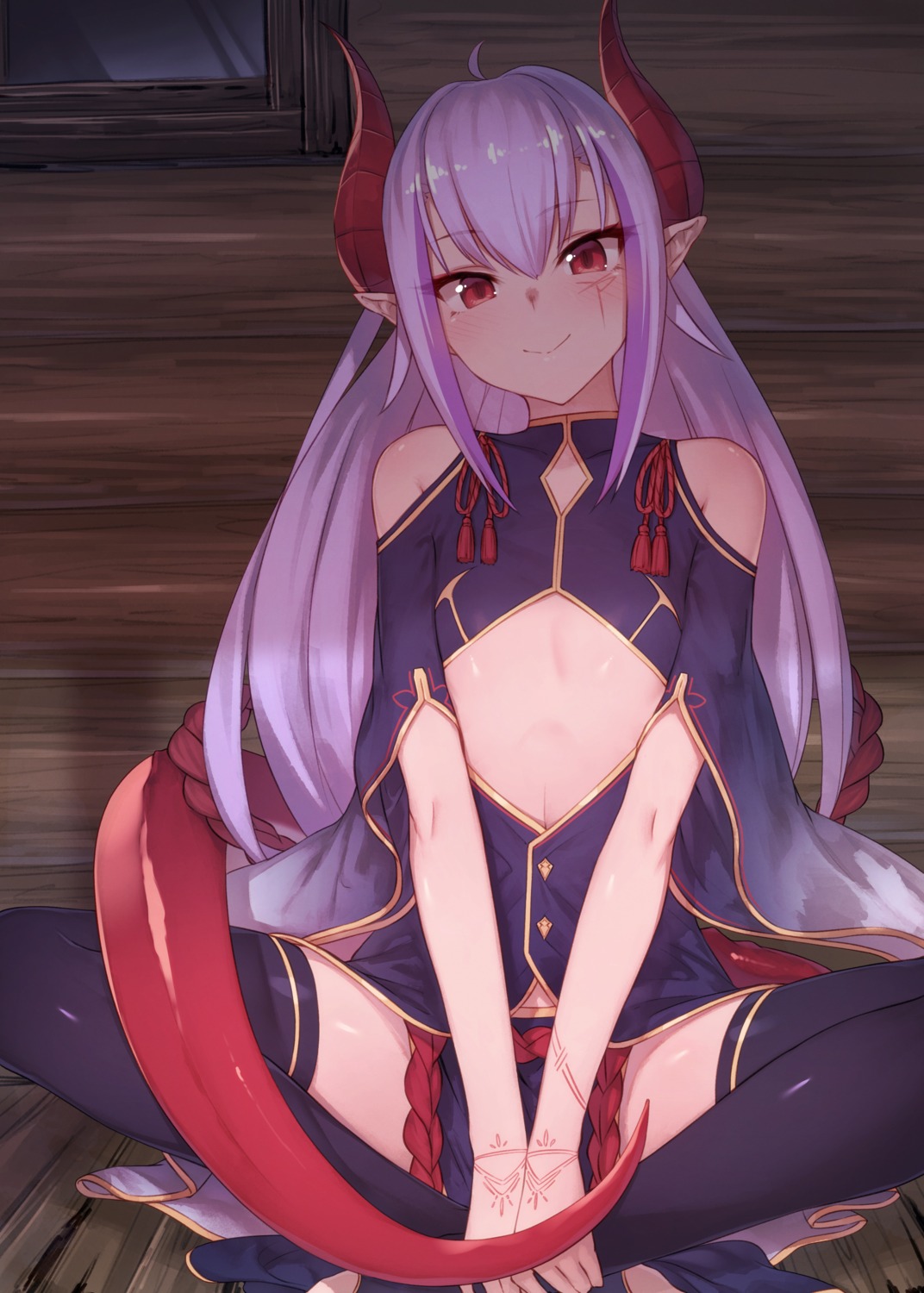 dress, horns, ibuki_notsu, melusine, monster_girl, no_bra, pointy_ears, skirt_lift