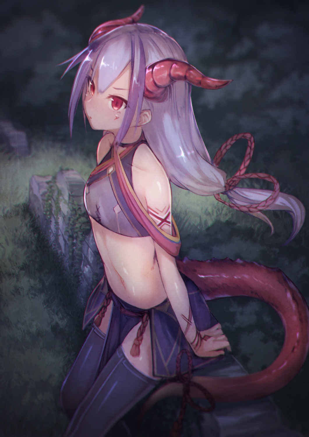 horns, ibuki_notsu, melusine, pointy_ears, tail, tattoo, thighhighs