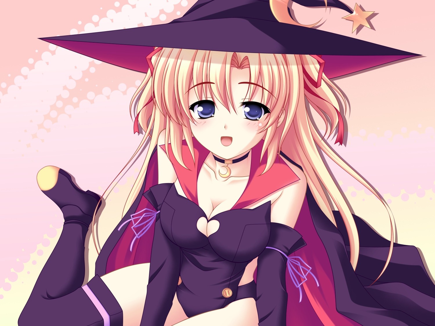 cleavage, kakesu, marie_rudel, sakura_strasse, thighhighs, wallpaper, witch