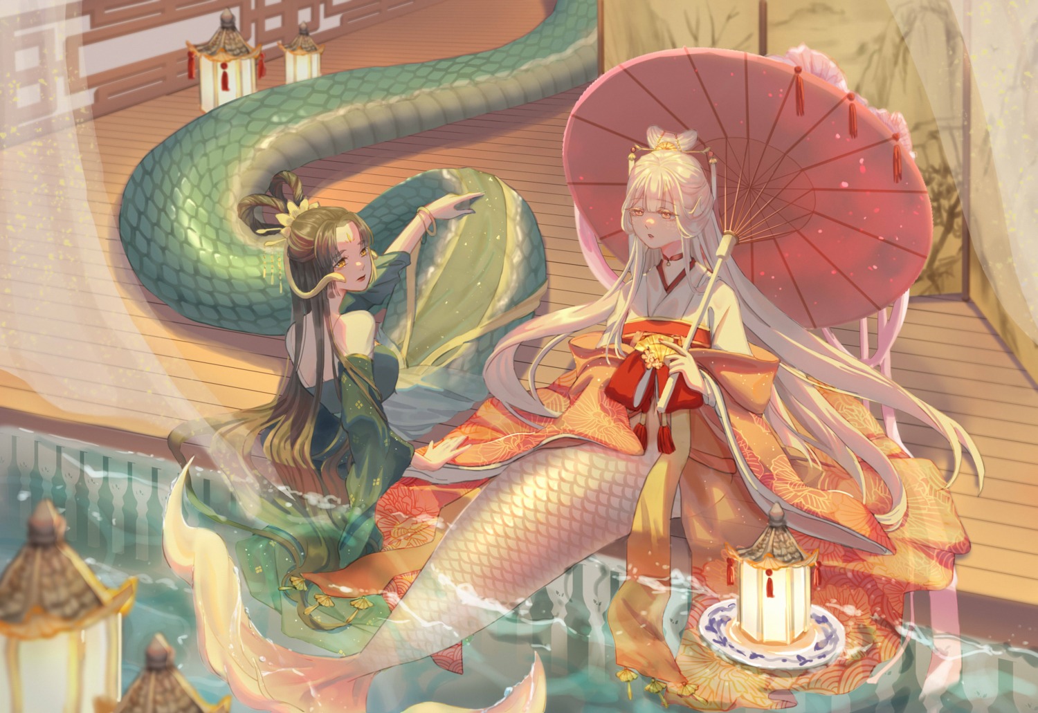 asian_clothes, japanese_clothes, liliantsai0417, mermaid, monster_girl, tail, umbrella, wet