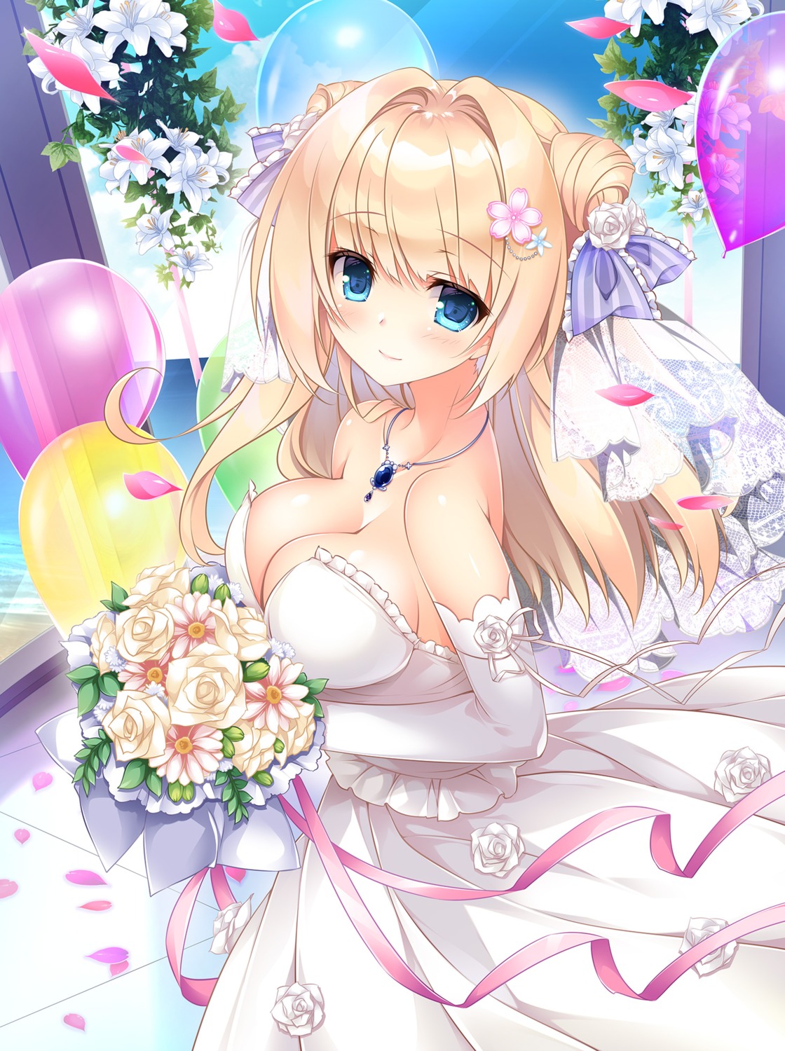 cleavage, dakikano, dress, kushida_korone, nanaroba_hana, no_bra, skirt_lift, wedding_dress