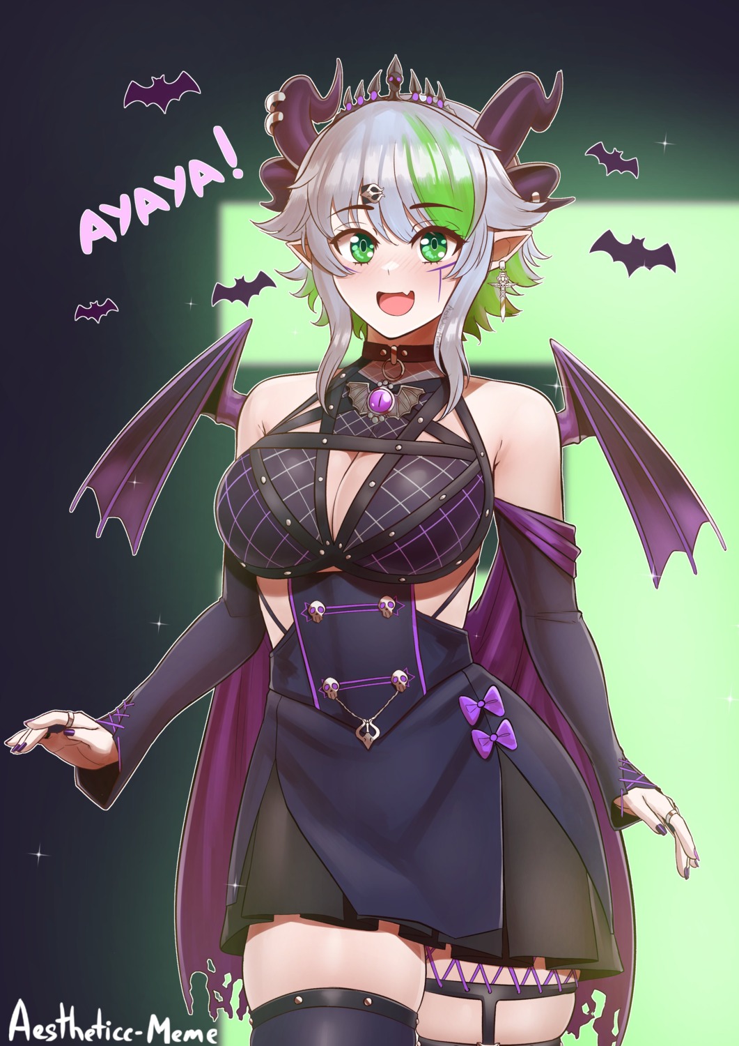 aestheticc-meme, apricot_(froot), cleavage, garter, horns, pointy_ears, stockings, thighhighs