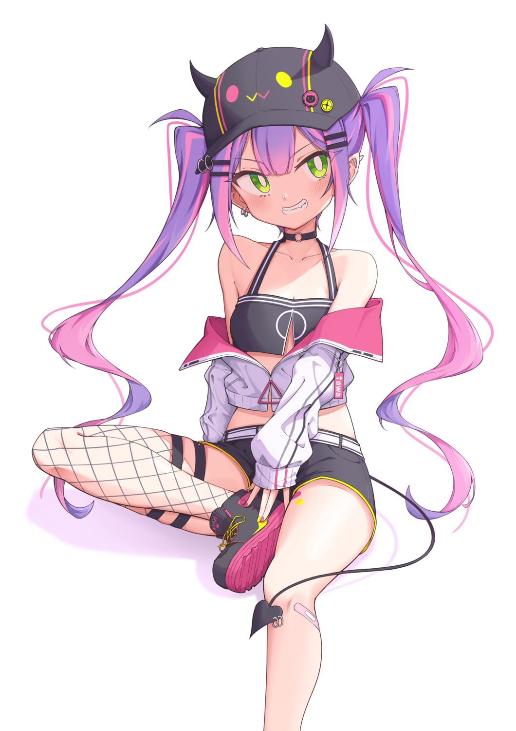bandaid, fishnets, garter, hololive, horns, open_shirt, pointy_ears, quarterlift