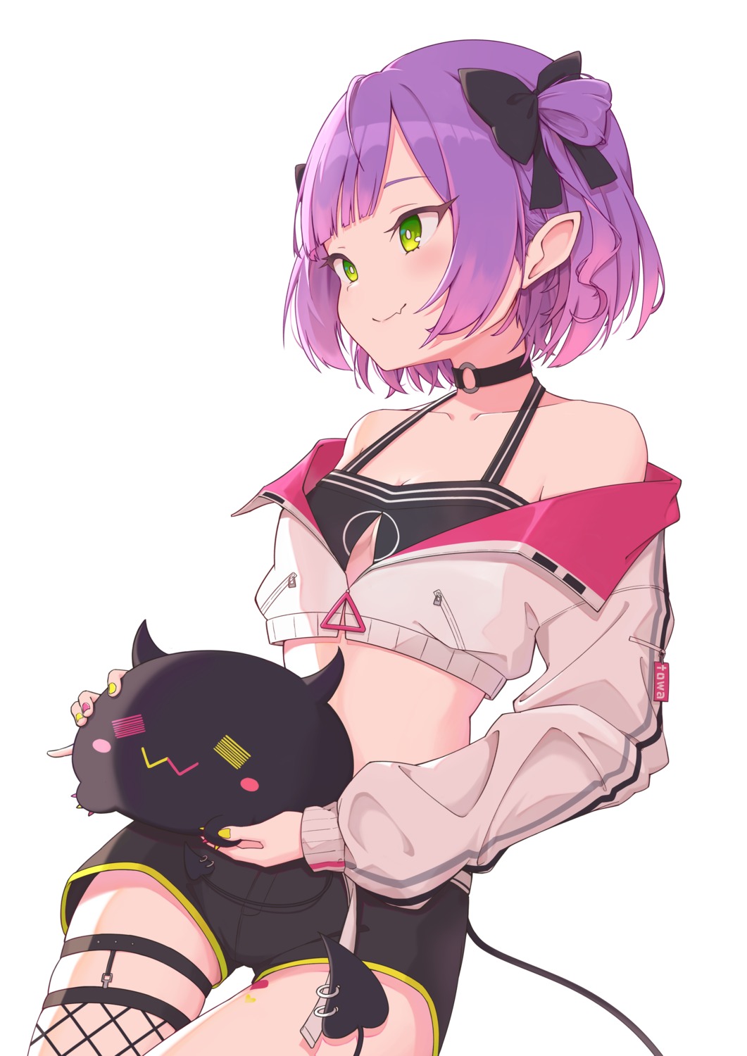 cleavage, fishnets, garter, hololive, open_shirt, pointy_ears, quarterlift, stockings