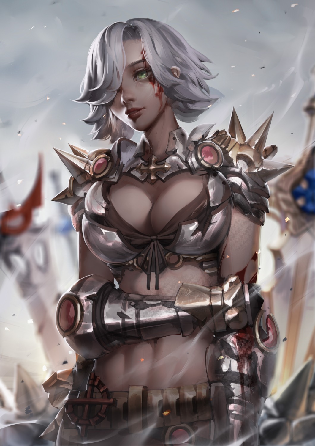 armor, bikini_armor, blood, cleavage, ragnarok_online, rune_knight_(ragnarok_online), sword, tollrin-senpai