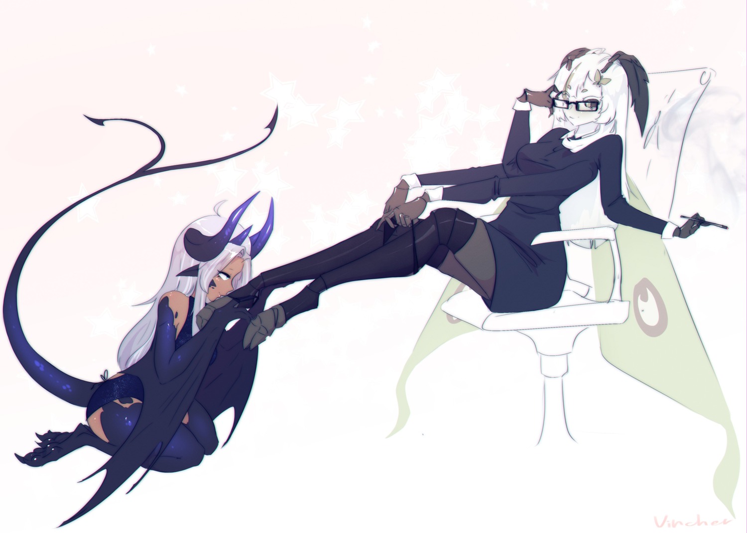 dress, horns, juniper_actias, megane, mirra_galontalis, monster_girl, pointy_ears, skirt_lift