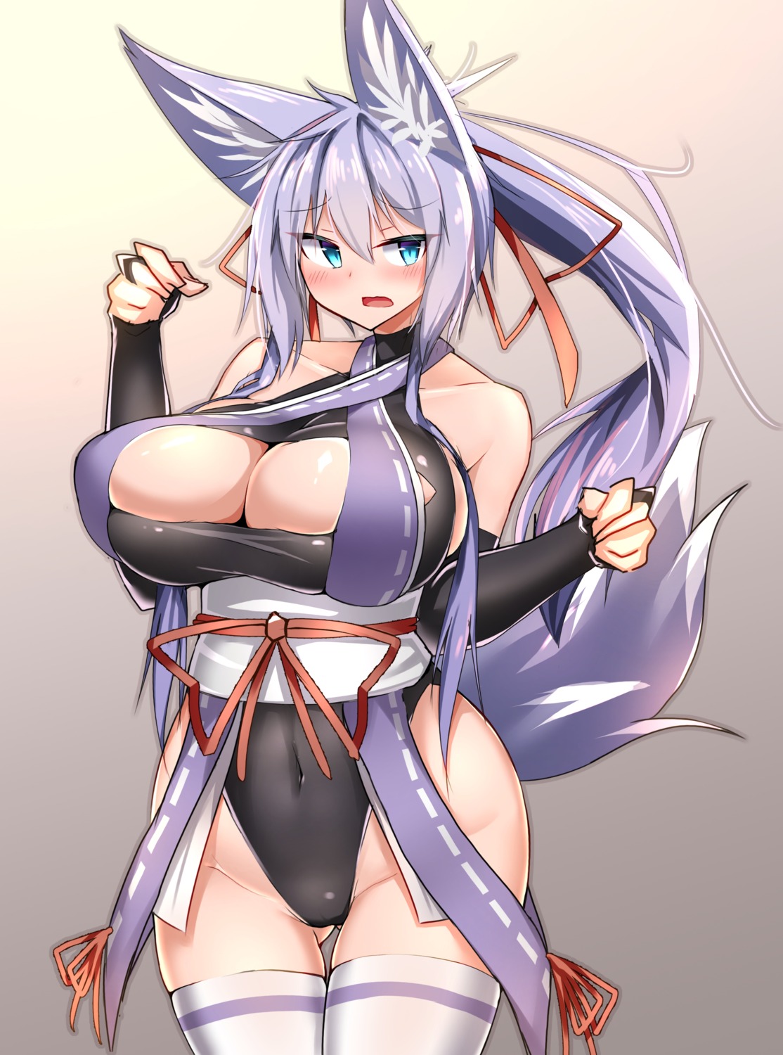 animal_ears, indigo, japanese_clothes, kitsune, leotard, tail, thighhighs, tylwing