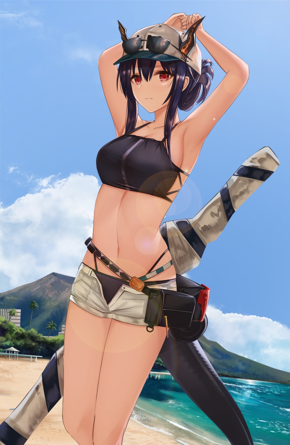 arknights, bikini, blitzkrieg_(index_unknown), ch'en_(arknights), horns, megane, swimsuits, tail, weapon