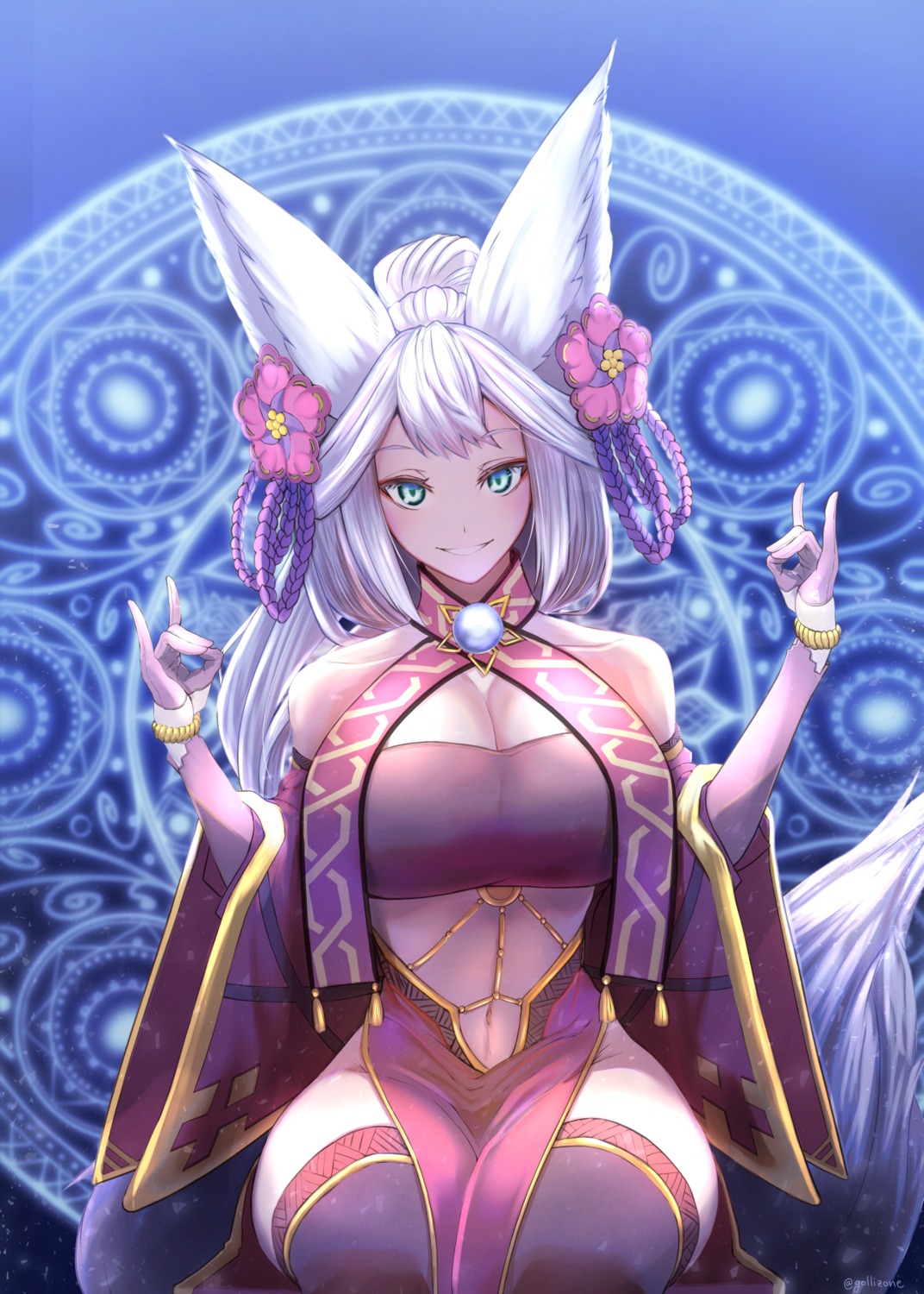 animal_ears, asian_clothes, cleavage, gollizo, granblue_fantasy, socie_(granblue_fantasy), tail, thighhighs