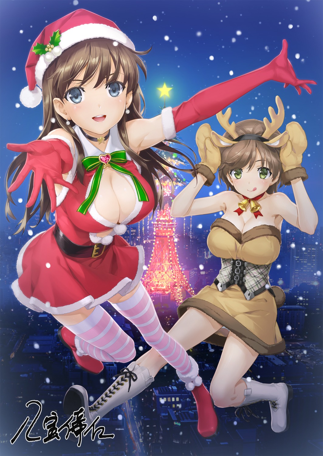 animal_ears, christmas, dress, happoubi_jin, honma_natsume, horns, iseshima_aya, no_bra