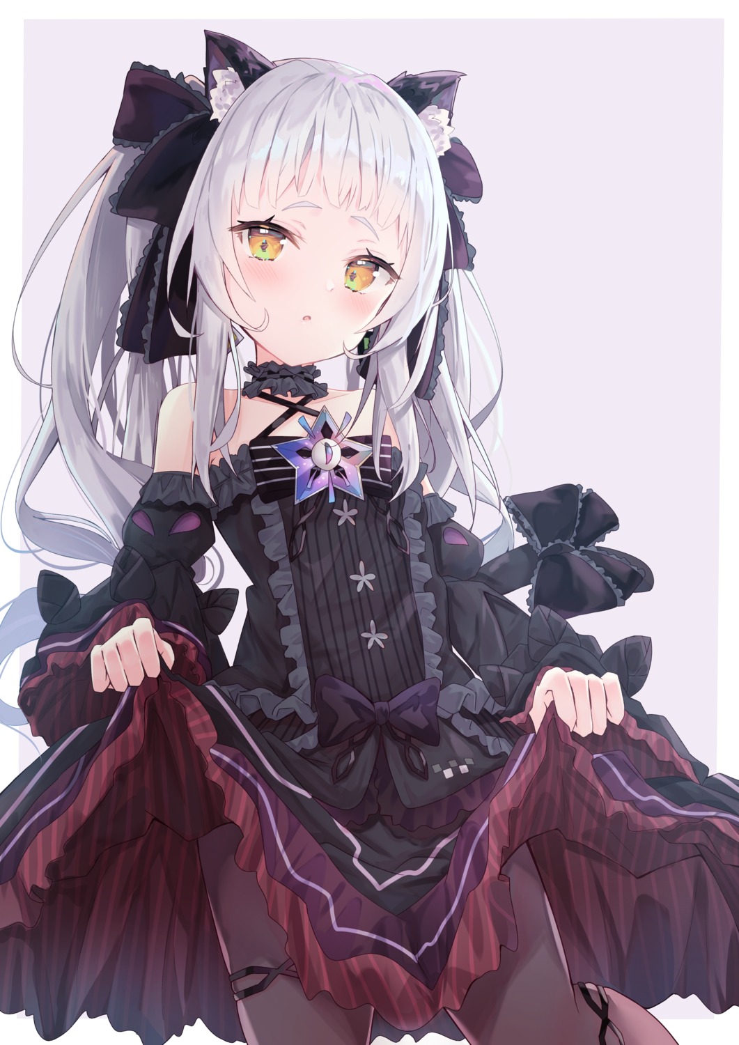 animal_ears, dress, garter, gothic_lolita, hololive, lolita_fashion, murasaki_shion, nekomimi, pantyhose, skirt_lift, sonoji, tail