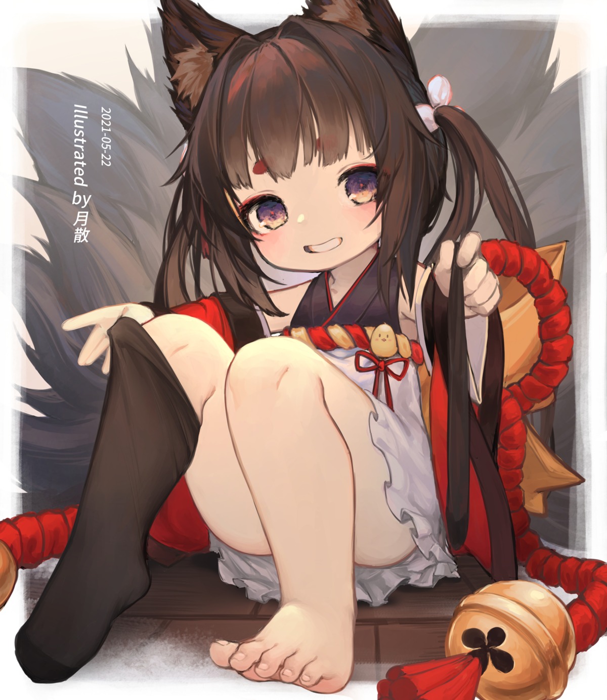 amagi-chan_(azur_lane), amagi_(azur_lane), animal_ears, azur_lane, feet, japanese_clothes, kitsune, manjuu_(azur_lane), skirt_lift, tail, tsukibara, undressing