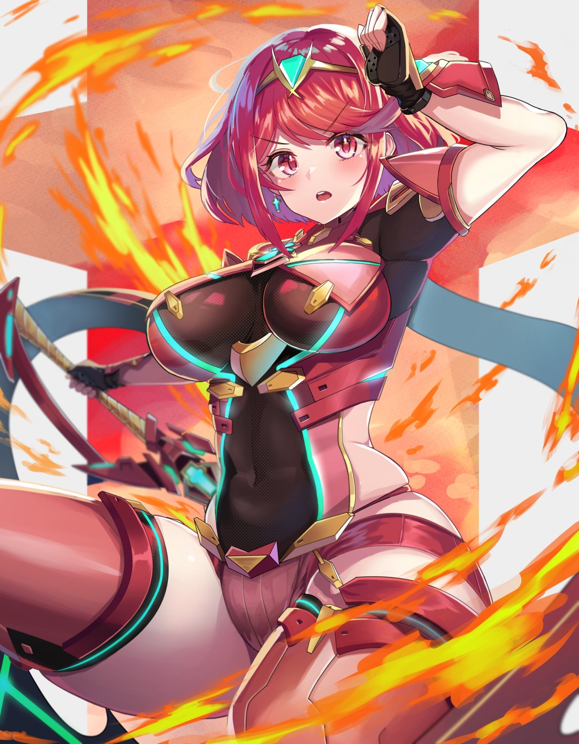 afueeriru, armor, bodysuit, homura_(xenoblade_2), sword, thighhighs, xenoblade_(series), xenoblade_2